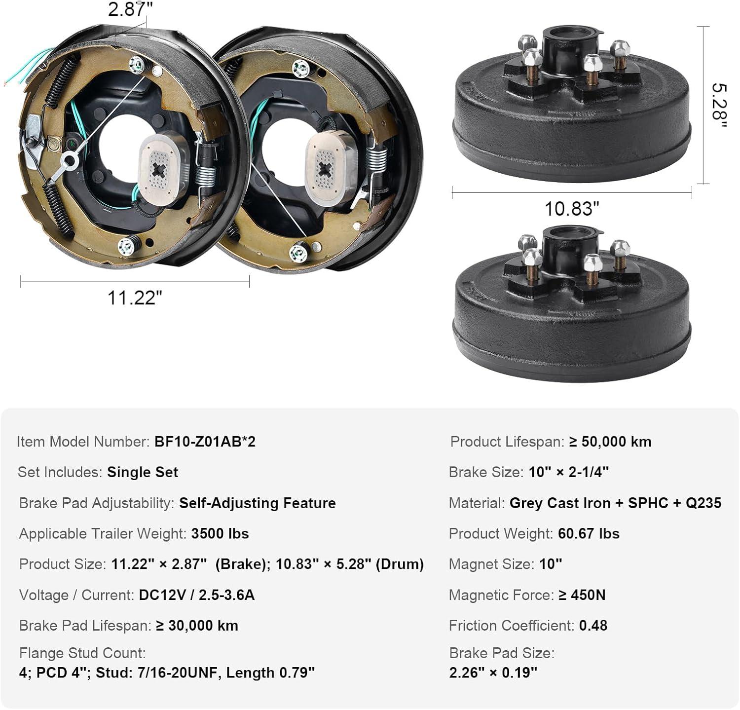 image:imageVEVOR Electric Trailer Brake Assembly 10 x 214 1 Pair SelfAdjusting Electric Brakes Kit for 3500 lbs Axle 4Hole Mounting Backing Plates for Brake System Part Replacement 1 Right 1 Left2 Brakes 2 Brake Drums