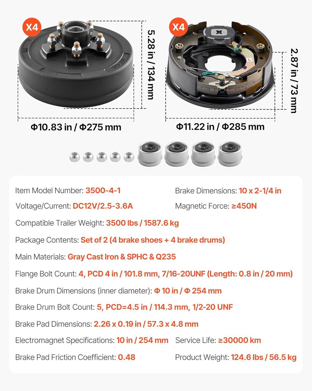 image:imageVEVOR Electric Trailer Brake Assembly 10 x 214 1 Pair SelfAdjusting Electric Brakes Kit for 3500 lbs Axle 4Hole Mounting Backing Plates for Brake System Part Replacement 1 Right 1 Left4 Brakes 4 Brake Drums