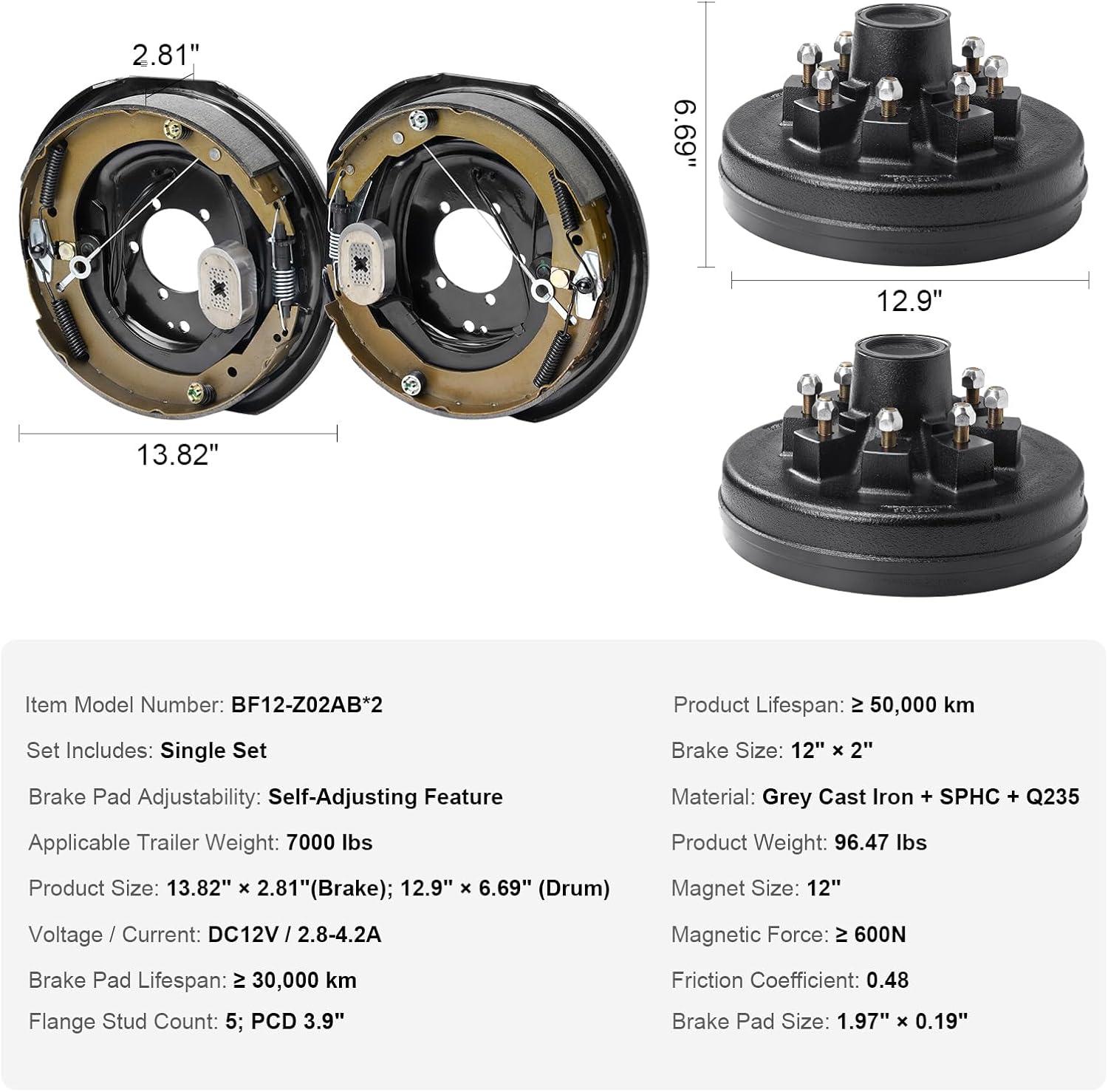 image:imageVEVOR Electric Trailer Brake Assembly 12 x 2 1 Pair SelfAdjusting Electric Brakes Kit for 7000 lbs Axle 5Hole Mounting Backing Plates for Braking System Part Replacement 1 Right 1 Left2 Brakes 2 Brake Drums