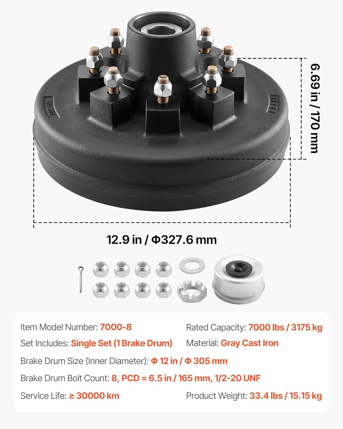 image:imageVEVOR Electric Trailer Brake Assembly 12 x 2 1 Pair SelfAdjusting Electric Brakes Kit for 7000 lbs Axle 5Hole Mounting Backing Plates for Braking System Part Replacement 1 Right 1 Left1 Brake Drums