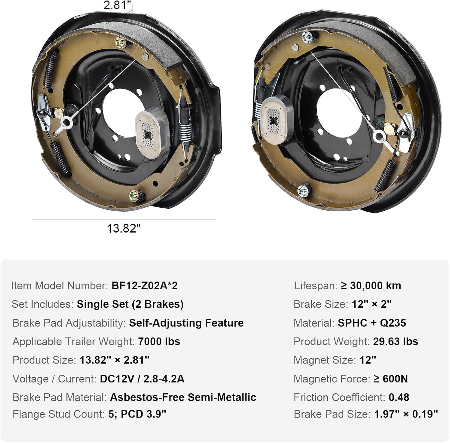 image:imageVEVOR Electric Trailer Brake Assembly 12 x 2 1 Pair SelfAdjusting Electric Brakes Kit for 7000 lbs Axle 5Hole Mounting Backing Plates for Braking System Part Replacement 1 Right 1 Left1 Pair Brakes