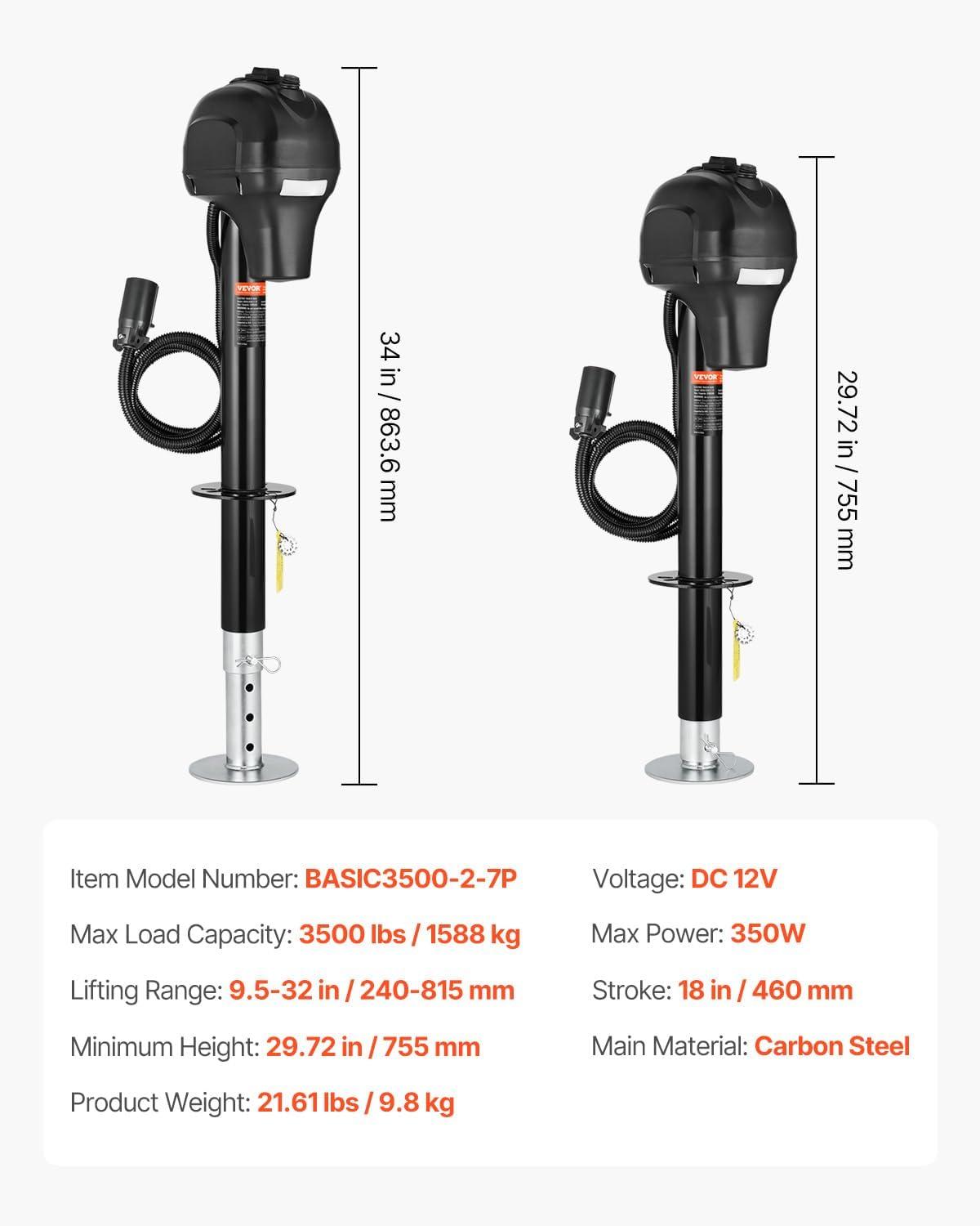 image:imageVEVOR Electric Trailer Jack 3500 lbs Heavy Duty RV Electric Power Tongue Jack with 7pin Connector Manual Crank Handle amp Weatherproof Jack Cover 95275 Lift for Trailers Campers amp RVs Black