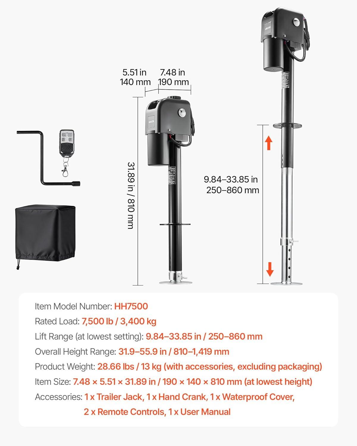 image:imageVEVOR Electric Trailer Jack 5000 lbs Heavy Duty RV Electric Power Tongue Jack with 2 Way Connector Manual Crank Handle amp Weatherproof Jack Cover 10283 Lift for RVs Trailers amp Campers Black7500lbs