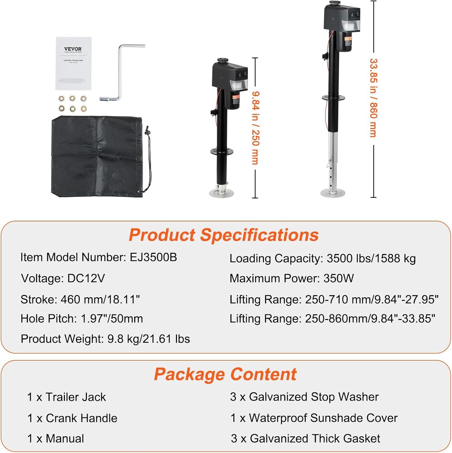 image:imageVEVOR Electric Trailer Jack 5000 lbs Heavy Duty RV Electric Power Tongue Jack with 2 Way Connector Manual Crank Handle amp Weatherproof Jack Cover 10283 Lift for RVs Trailers amp Campers Black3500lbs