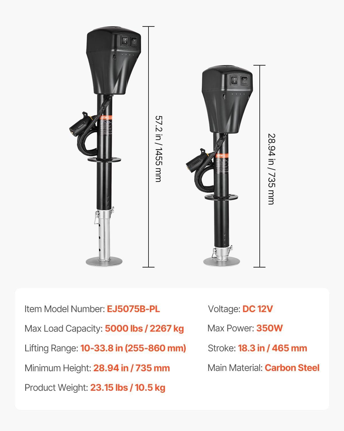 image:imageVEVOR Electric Trailer Jack 5000 lbs Heavy Duty RV Electric Power Tongue Jack with 7pin Connector Manual Crank Handle amp Weatherproof Jack Cover 10283 Lift for Trailers Campers amp RVs Black