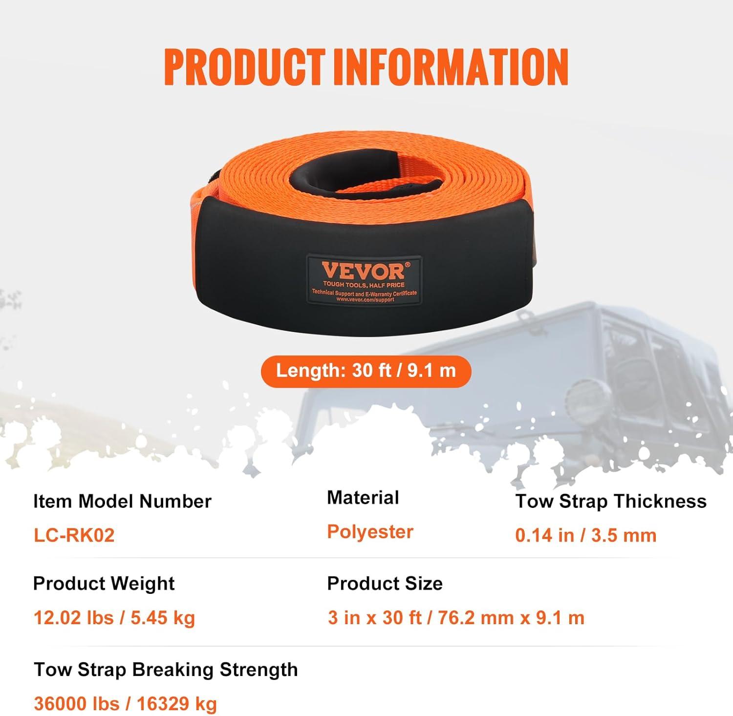 image:imageVEVOR Heavy Duty Tow Strap Recovery Kit 3 x 30 ft MBS36000 lbs Tree Saver Winch Strap Triple Reinforced Loop amp Protective Sleeves amp Storage Bag 34 DRing Shackles for Truck Jeep SUV ATV34 D Ring Shackles 2pcs