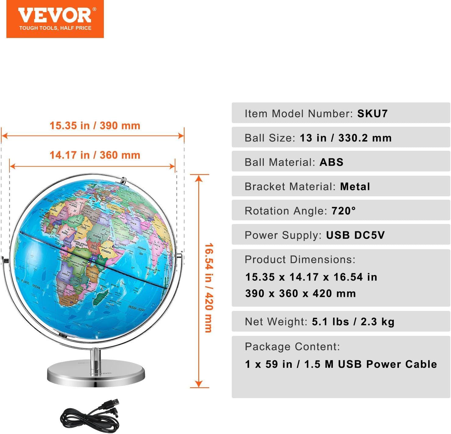 image:imageVEVOR Illuminated World with Stand 13 in3302 mm Educational Earth Globe with Stable Heavy Metal Base HD Printed Map and LED Night Lighting 720 Spinning Globe for Kids Classroom Learning13 Illuminated Globe