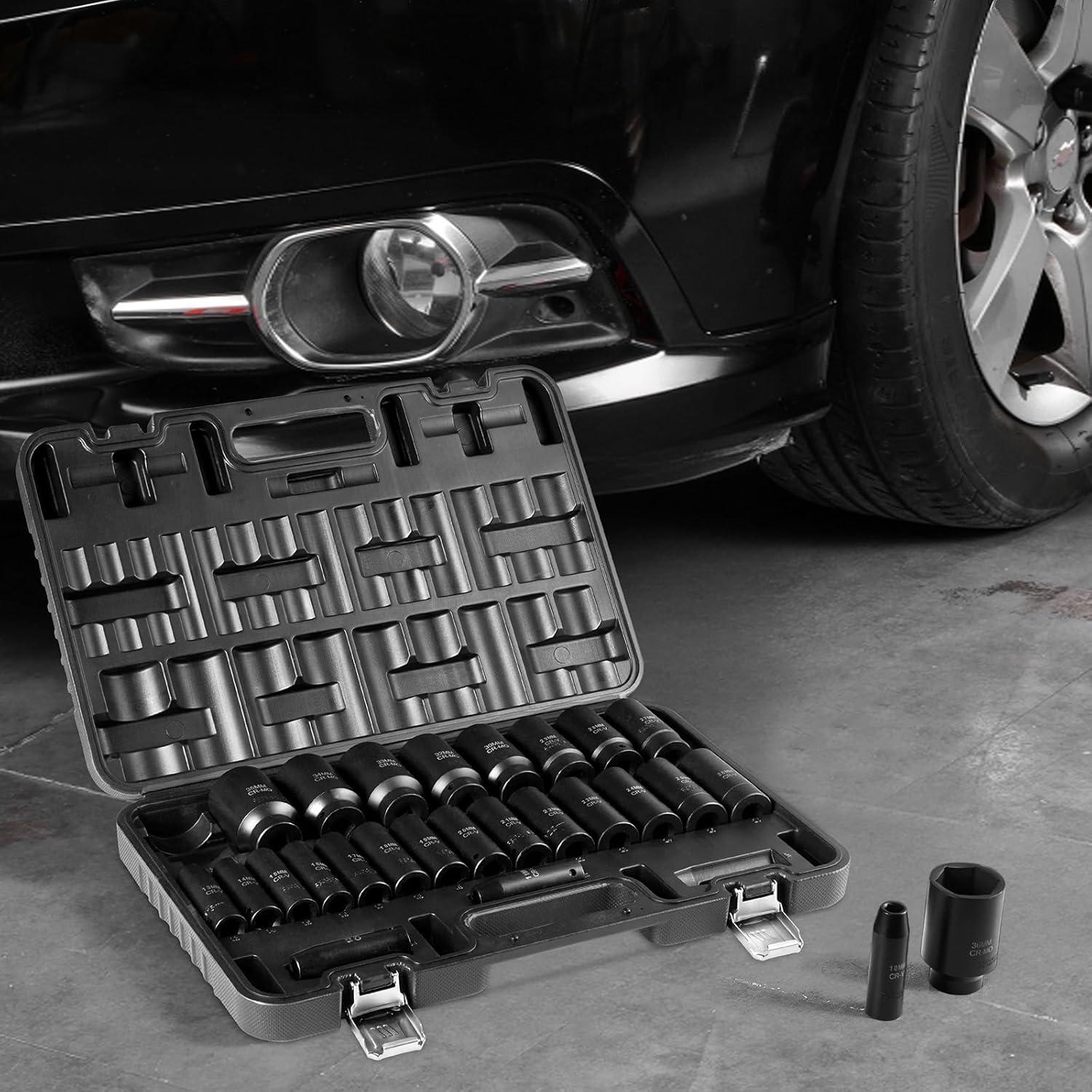 image:imageVEVOR Impact Socket Set 14 Drive 55Piece Deep amp Shallow Socket Set Standard SAE 532 to 916 inch amp Metric 4 to 15 mm Size 6 Point CRV Extension Bar Universal Joint Reducer12 26PCS