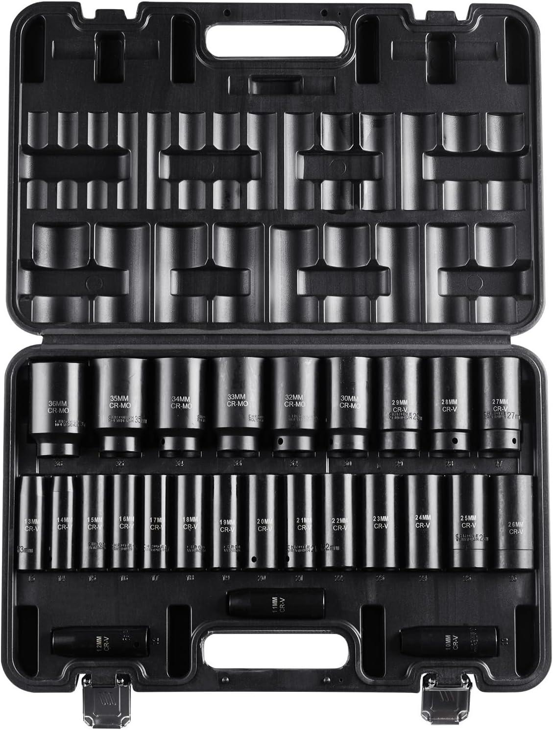 image:imageVEVOR Impact Socket Set 14 Drive 55Piece Deep amp Shallow Socket Set Standard SAE 532 to 916 inch amp Metric 4 to 15 mm Size 6 Point CRV Extension Bar Universal Joint Reducer12 26PCS