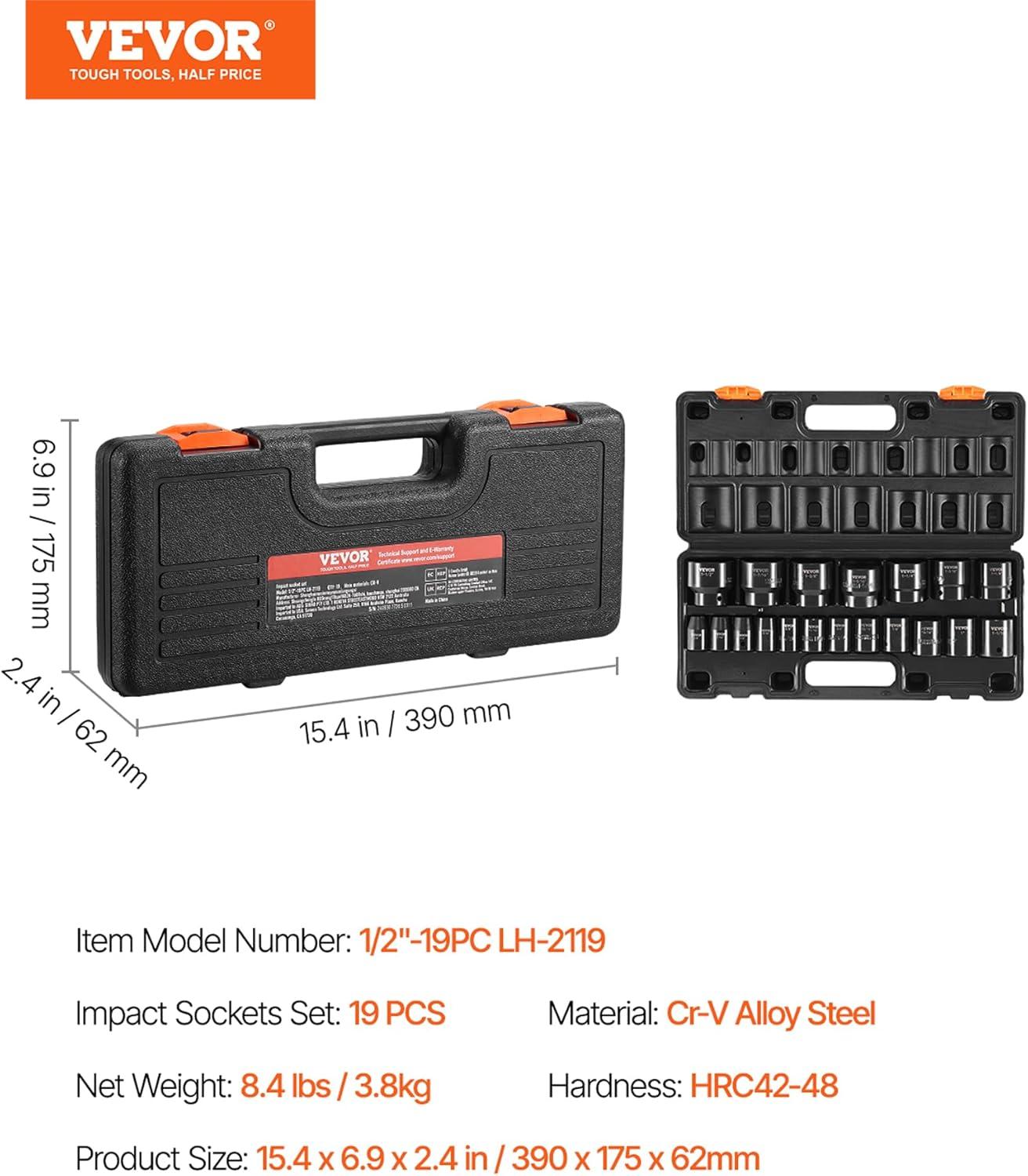 image:imageVEVOR Impact Socket Set 14 Drive 55Piece Deep amp Shallow Socket Set Standard SAE 532 to 916 inch amp Metric 4 to 15 mm Size 6 Point CRV Extension Bar Universal Joint Reducer12 19PCS
