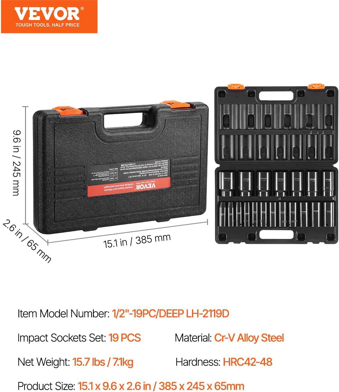 image:imageVEVOR Impact Socket Set 14 Drive 55Piece Deep amp Shallow Socket Set Standard SAE 532 to 916 inch amp Metric 4 to 15 mm Size 6 Point CRV Extension Bar Universal Joint Reducer12 19PCS Deep