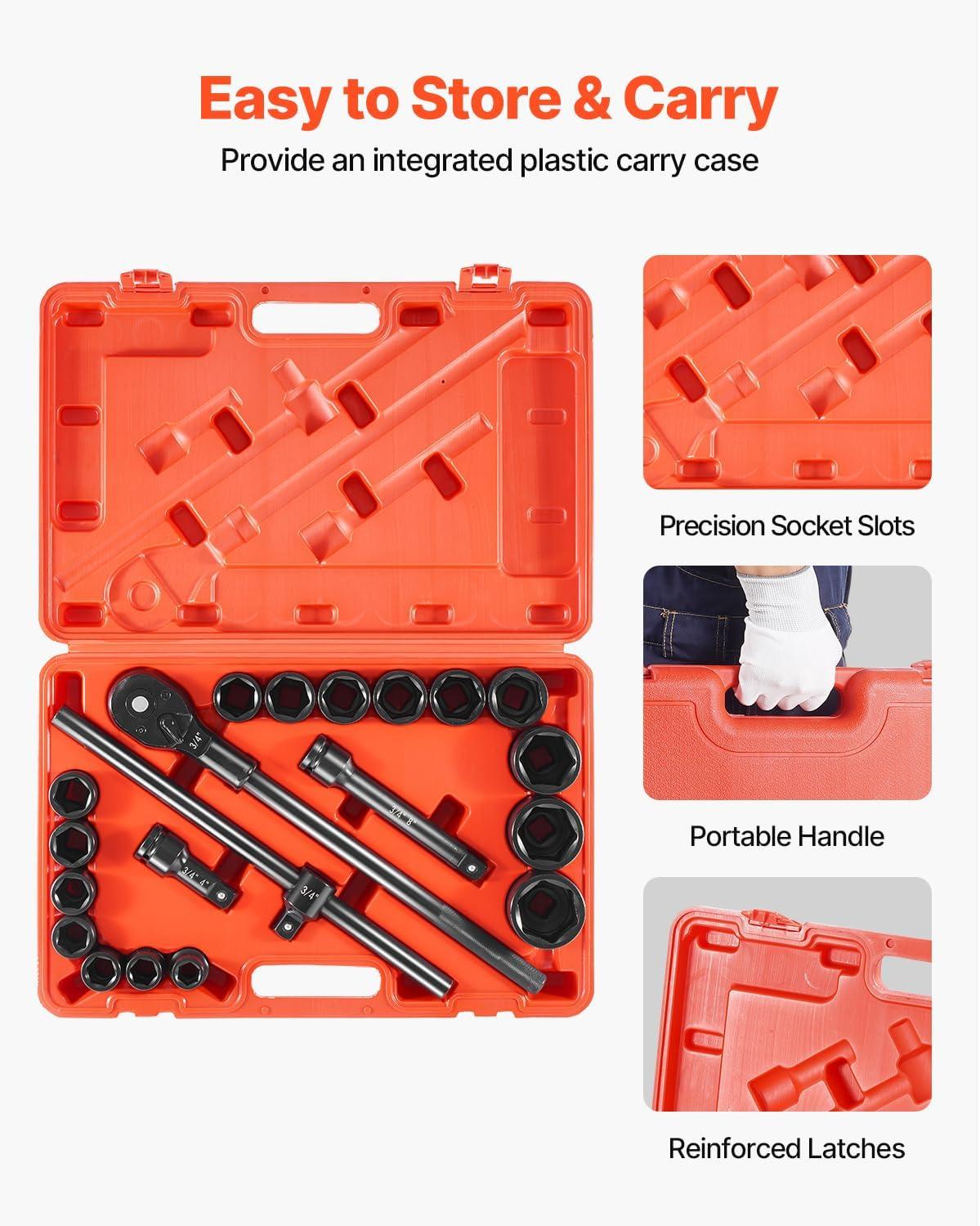 image:imageVEVOR Impact Socket Set 14 Drive 55Piece Deep amp Shallow Socket Set Standard SAE 532 to 916 inch amp Metric 4 to 15 mm Size 6 Point CRV Extension Bar Universal Joint Reducer34 21PCS