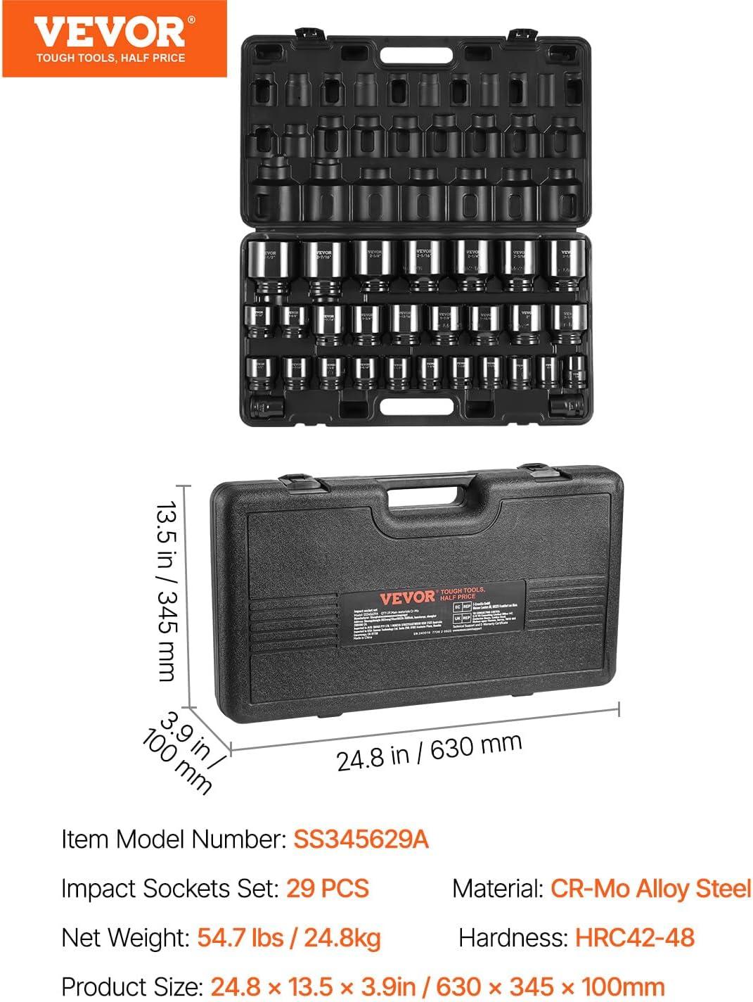 image:imageVEVOR Impact Socket Set 14 Drive 55Piece Deep amp Shallow Socket Set Standard SAE 532 to 916 inch amp Metric 4 to 15 mm Size 6 Point CRV Extension Bar Universal Joint Reducer34 29PCS CRMO