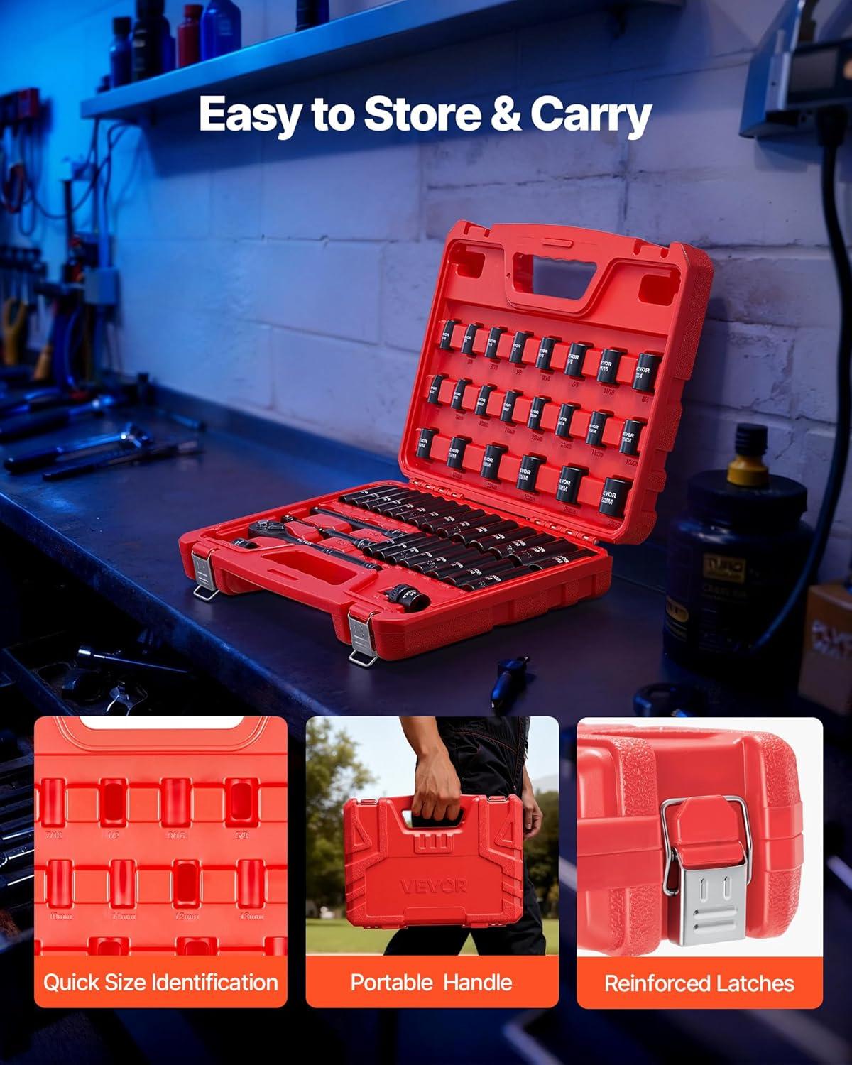 image:imageVEVOR Impact Socket Set 14 Drive 55Piece Deep amp Shallow Socket Set Standard SAE 532 to 916 inch amp Metric 4 to 15 mm Size 6 Point CRV Extension Bar Universal Joint Reducer38 50 PCS
