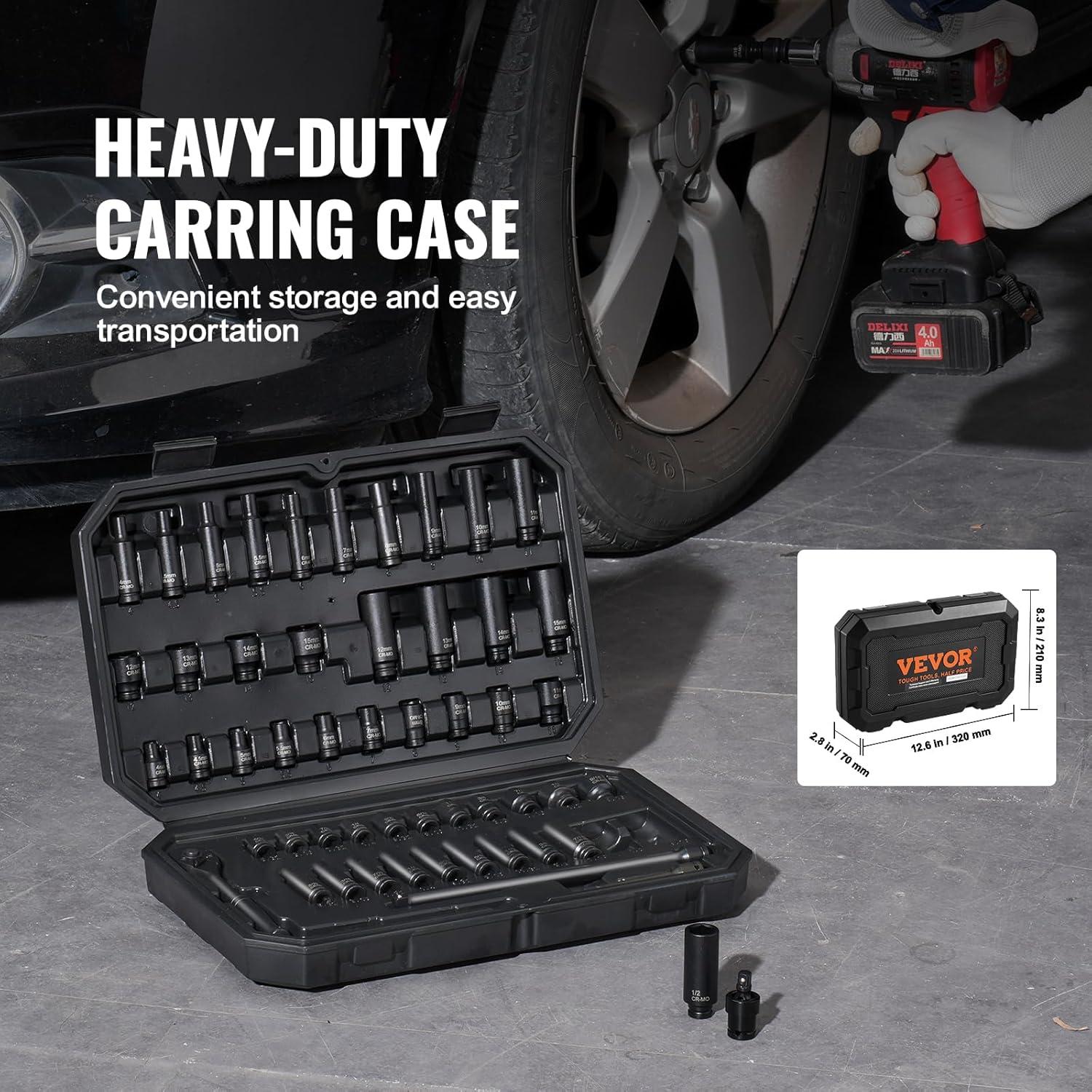 image:imageVEVOR Impact Socket Set 14 Drive 55Piece Deep amp Shallow Socket Set Standard SAE 532 to 916 inch amp Metric 4 to 15 mm Size 6 Point CRV Extension Bar Universal Joint Reducer14 55PCS