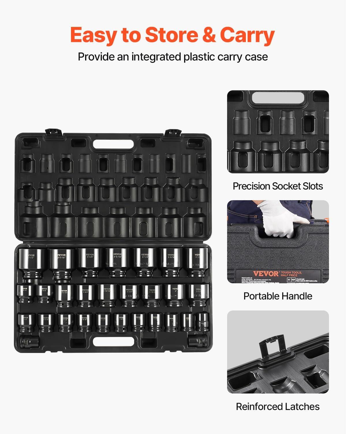 image:imageVEVOR Impact Socket Set 14 Drive 55Piece Deep amp Shallow Socket Set Standard SAE 532 to 916 inch amp Metric 4 to 15 mm Size 6 Point CRV Extension Bar Universal Joint Reducer34 29PCS CRMO