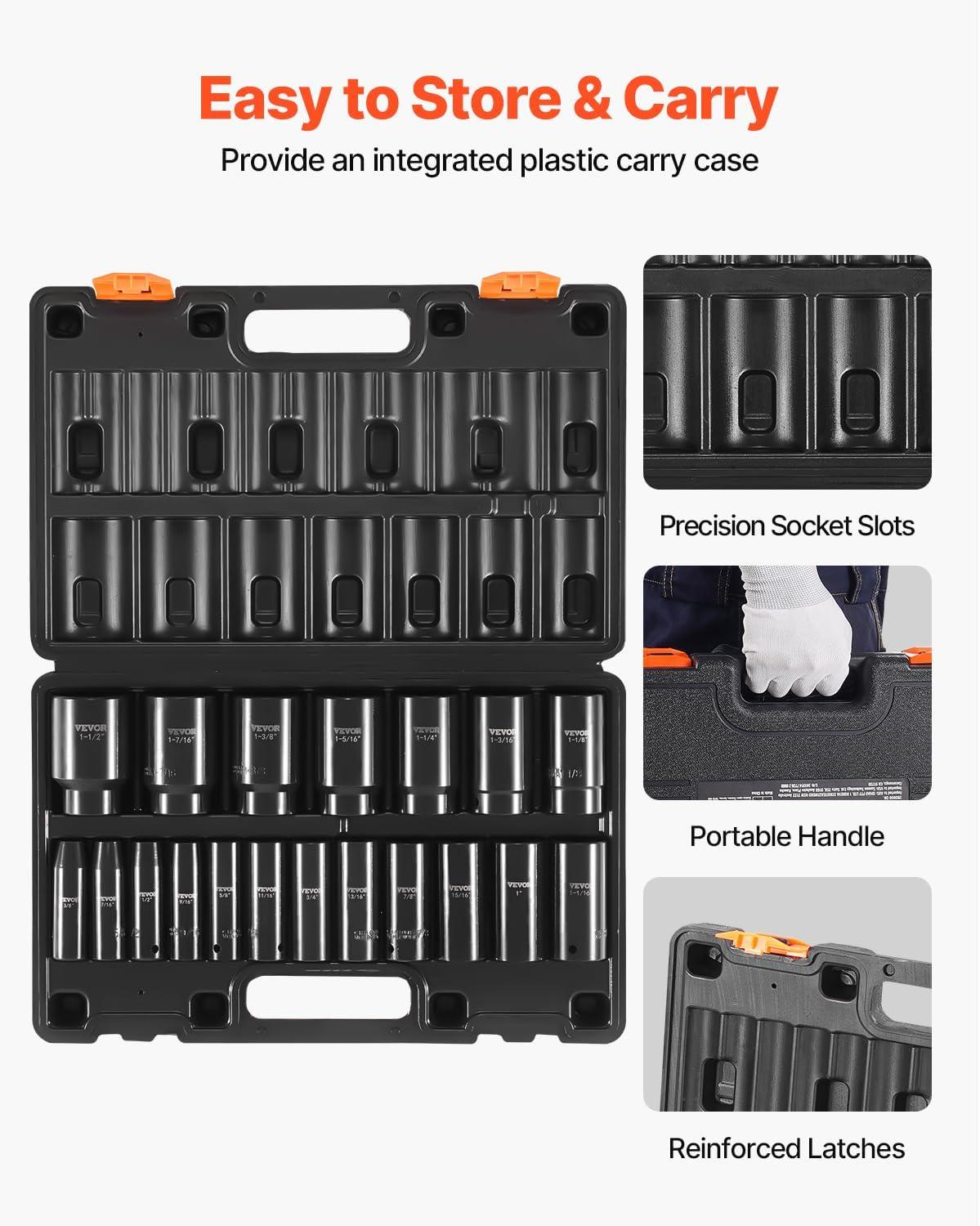 image:imageVEVOR Impact Socket Set 14 Drive 55Piece Deep amp Shallow Socket Set Standard SAE 532 to 916 inch amp Metric 4 to 15 mm Size 6 Point CRV Extension Bar Universal Joint Reducer12 19PCS Deep