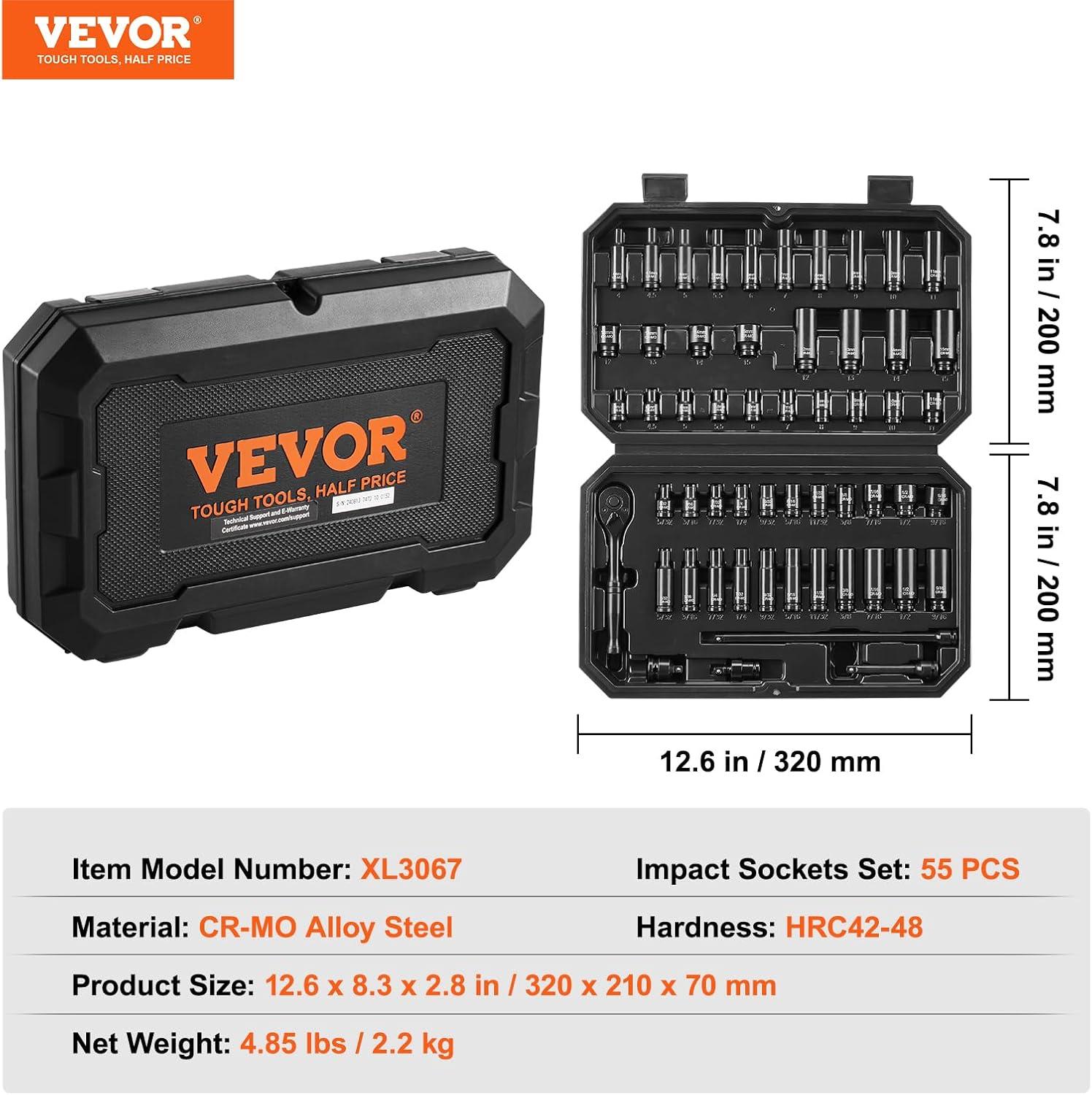 image:imageVEVOR Impact Socket Set 14 Drive 55Piece Deep amp Shallow Socket Set Standard SAE 532 to 916 inch amp Metric 4 to 15 mm Size 6 Point CRV Extension Bar Universal Joint Reducer14 55PCS