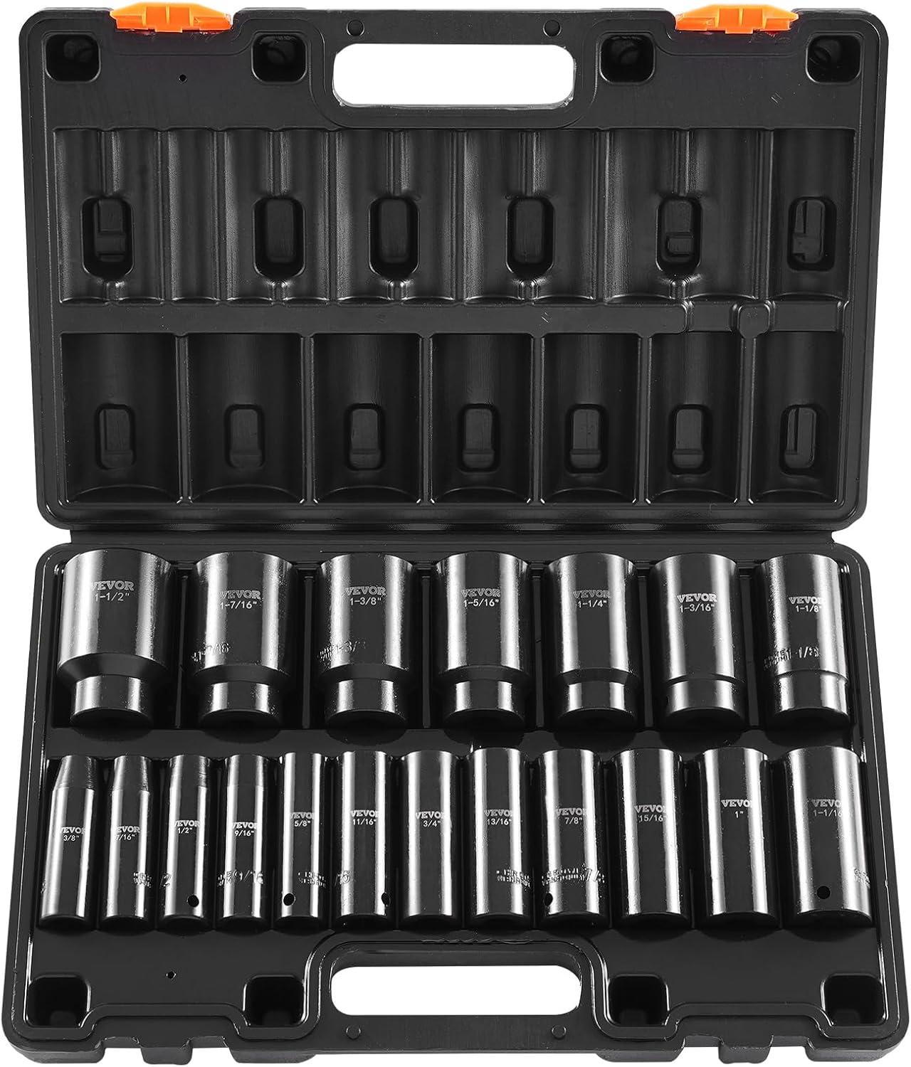 image:imageVEVOR Impact Socket Set 14 Drive 55Piece Deep amp Shallow Socket Set Standard SAE 532 to 916 inch amp Metric 4 to 15 mm Size 6 Point CRV Extension Bar Universal Joint Reducer12 19PCS Deep