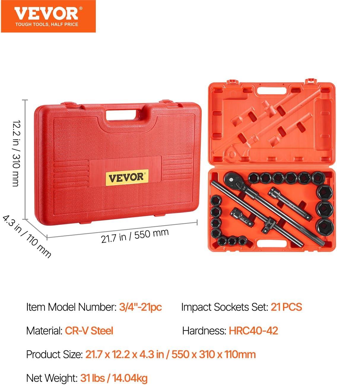 image:imageVEVOR Impact Socket Set 14 Drive 55Piece Deep amp Shallow Socket Set Standard SAE 532 to 916 inch amp Metric 4 to 15 mm Size 6 Point CRV Extension Bar Universal Joint Reducer34 21PCS