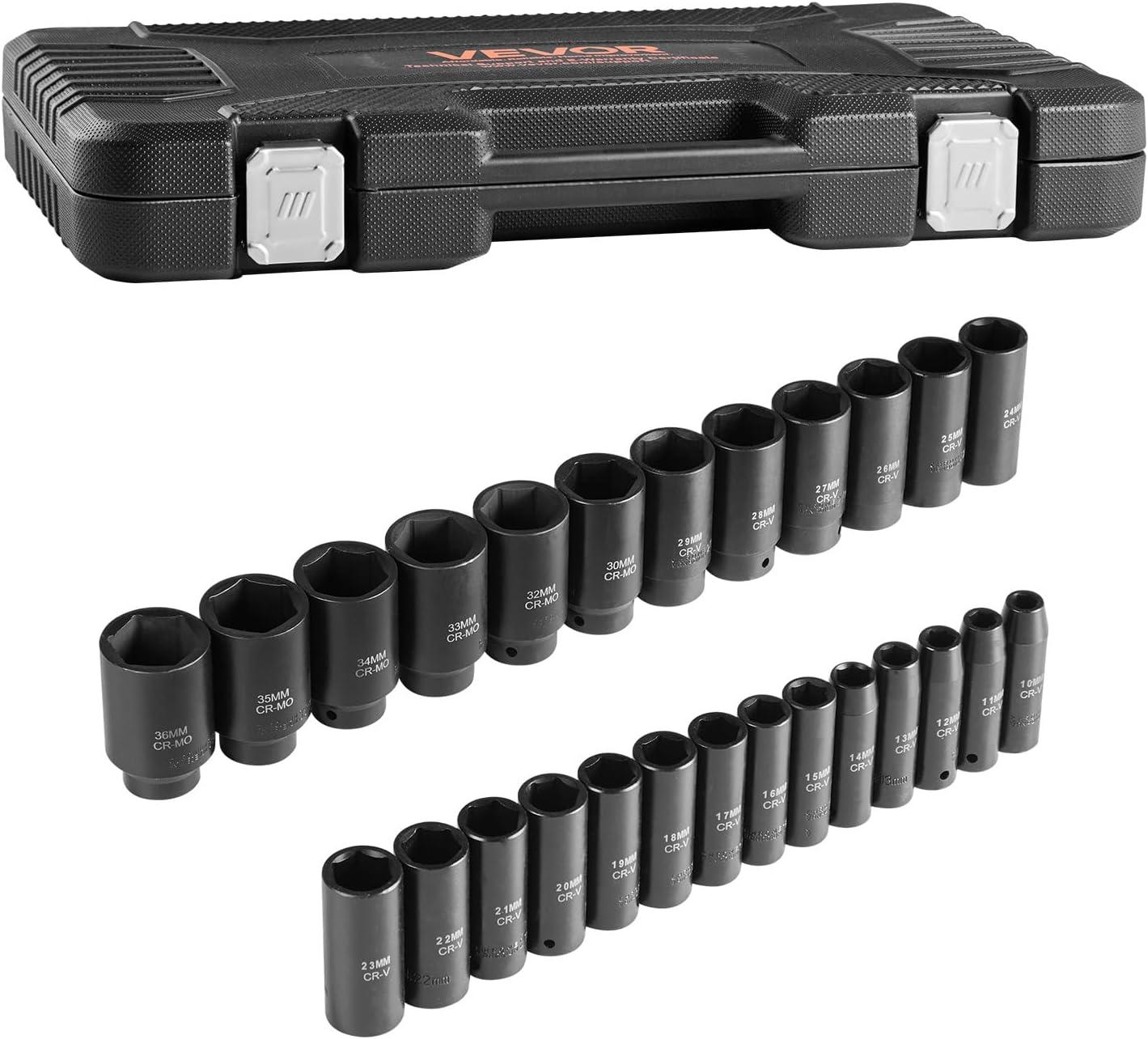 image:imageVEVOR Impact Socket Set 14 Drive 55Piece Deep amp Shallow Socket Set Standard SAE 532 to 916 inch amp Metric 4 to 15 mm Size 6 Point CRV Extension Bar Universal Joint Reducer12 26PCS