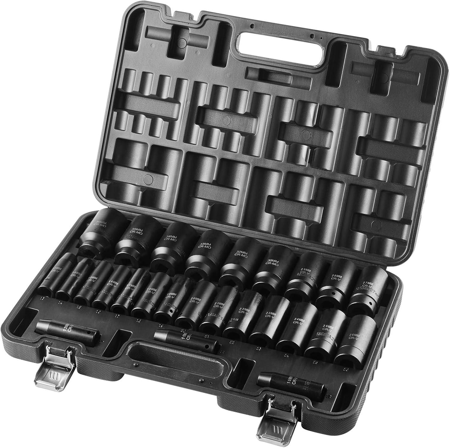 image:imageVEVOR Impact Socket Set 14 Drive 55Piece Deep amp Shallow Socket Set Standard SAE 532 to 916 inch amp Metric 4 to 15 mm Size 6 Point CRV Extension Bar Universal Joint Reducer12 26PCS