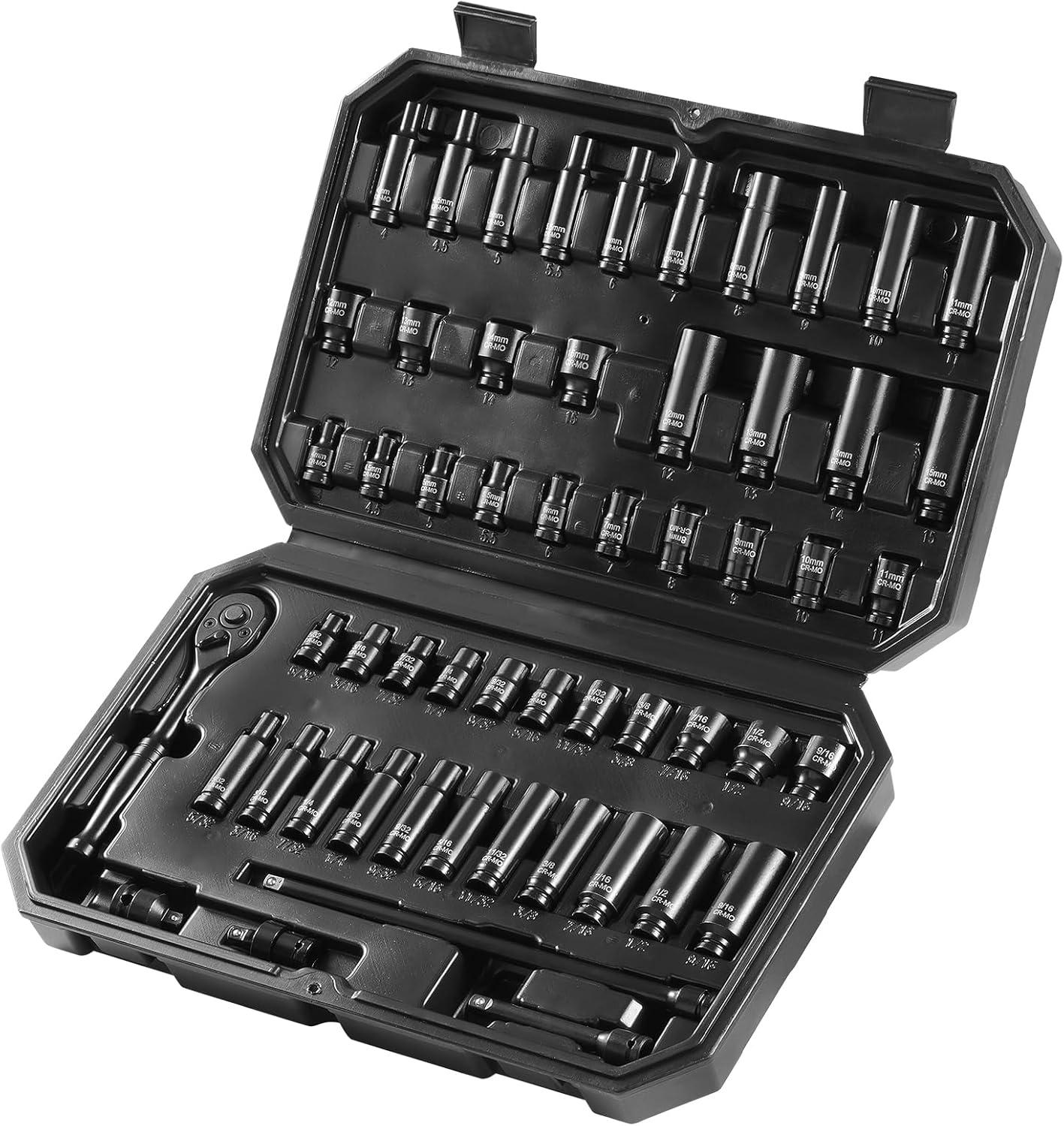 image:imageVEVOR Impact Socket Set 14 Drive 55Piece Deep amp Shallow Socket Set Standard SAE 532 to 916 inch amp Metric 4 to 15 mm Size 6 Point CRV Extension Bar Universal Joint Reducer14 55PCS