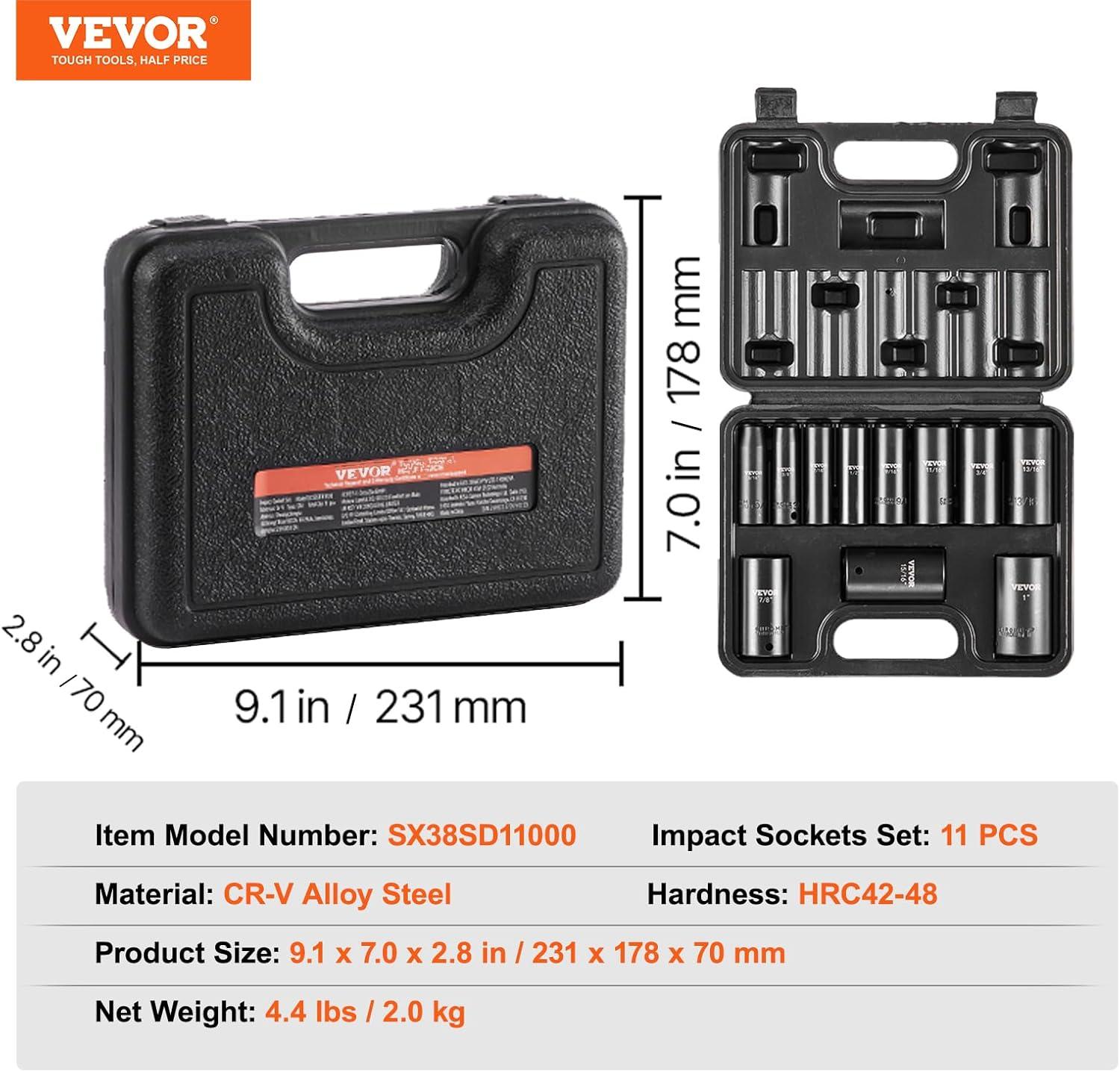 image:imageVEVOR Impact Socket Set 14 Drive 55Piece Deep amp Shallow Socket Set Standard SAE 532 to 916 inch amp Metric 4 to 15 mm Size 6 Point CRV Extension Bar Universal Joint Reducer38 11PCS