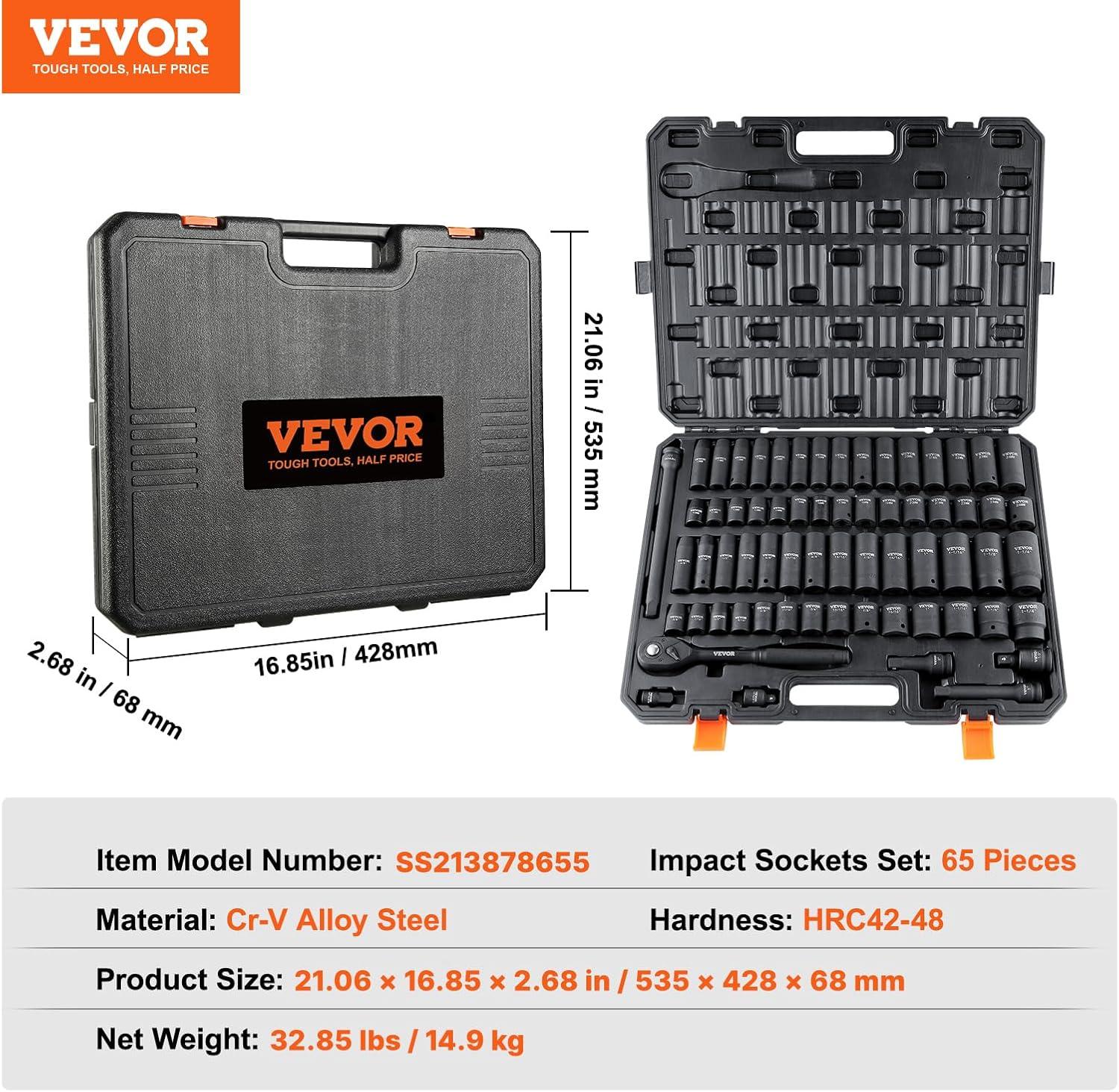 image:imageVEVOR Impact Socket Set 38 Drive 64Piece Standard SAE 516 to 1 inch amp Metric 6 to 24 mm Size Deep amp Shallow 6 Point CRV Ratchet Handle Extension Bars Universal Joint Adapters12 65PCS