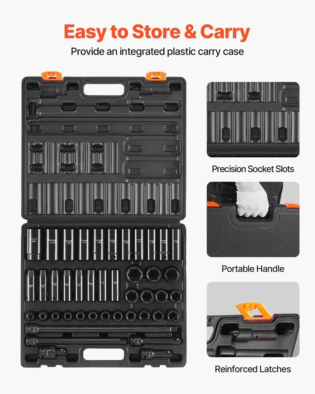 image:imageVEVOR Impact Socket Set 38 Drive 64Piece Standard SAE 516 to 1 inch amp Metric 6 to 24 mm Size Deep amp Shallow 6 Point CRV Ratchet Handle Extension Bars Universal Joint Adapters12 43PCS