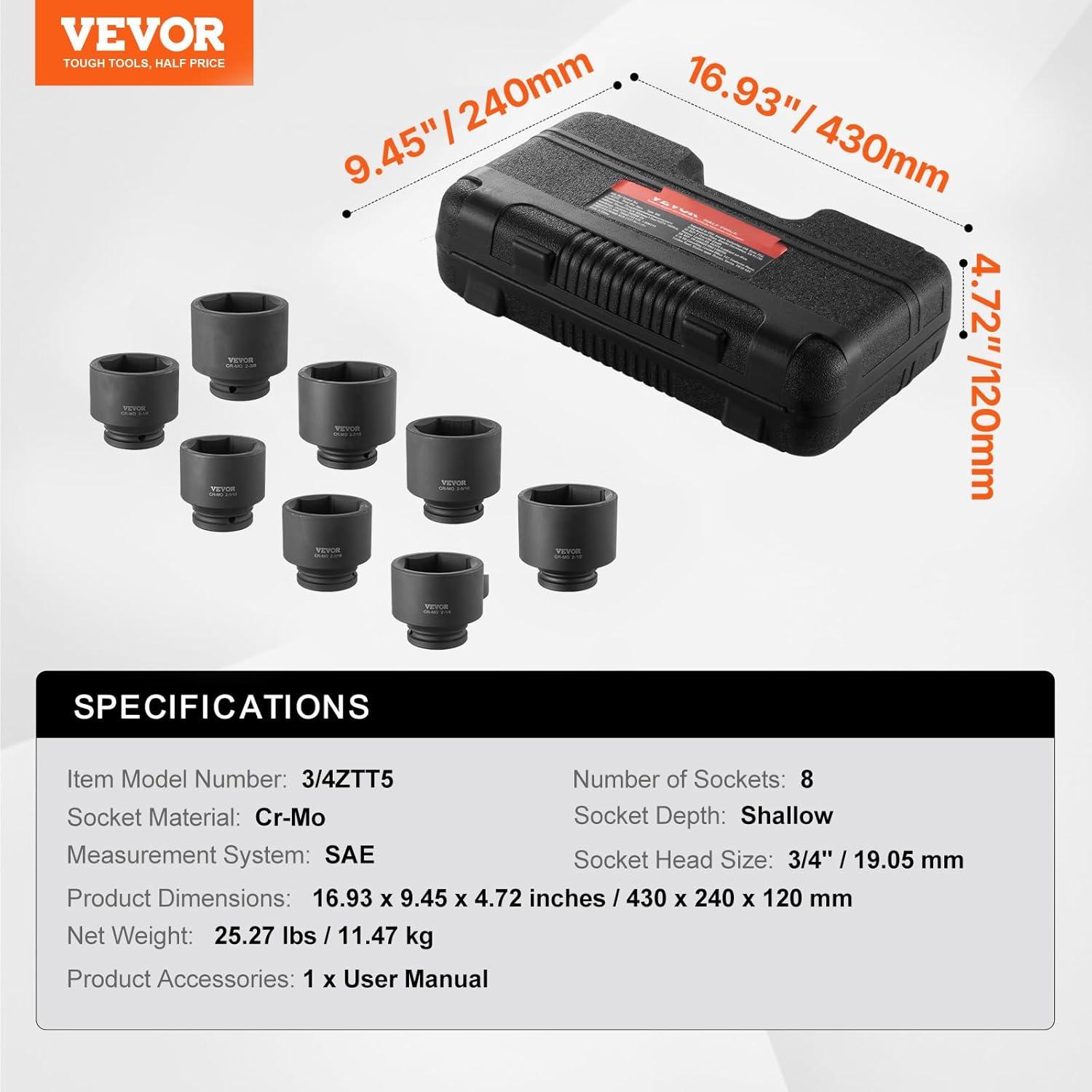 image:imageVEVOR Impact Socket Set 38 Drive 64Piece Standard SAE 516 to 1 inch amp Metric 6 to 24 mm Size Deep amp Shallow 6 Point CRV Ratchet Handle Extension Bars Universal Joint Adapters34 8PCS CRMO