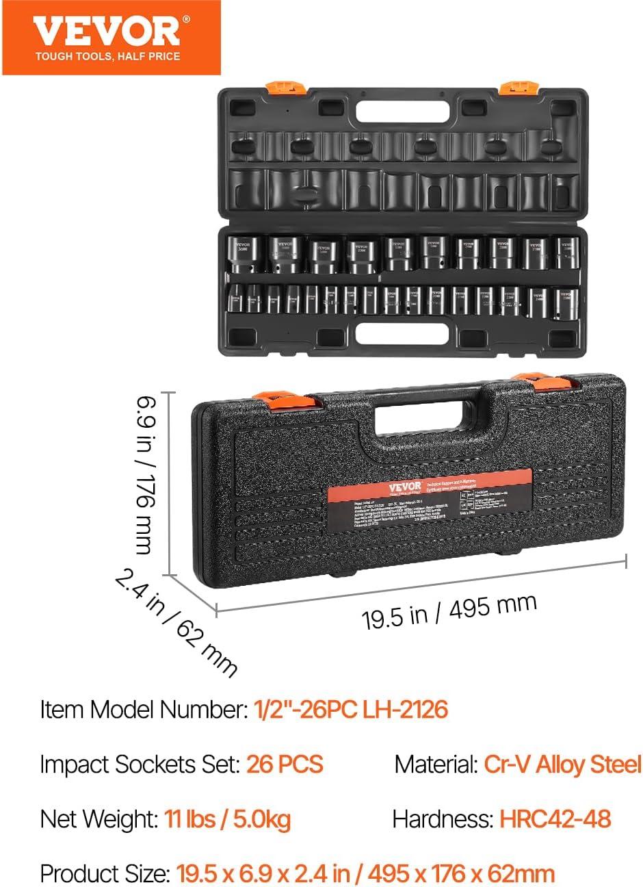 image:imageVEVOR Impact Socket Set 38 Drive 64Piece Standard SAE 516 to 1 inch amp Metric 6 to 24 mm Size Deep amp Shallow 6 Point CRV Ratchet Handle Extension Bars Universal Joint Adapters12 26PCS