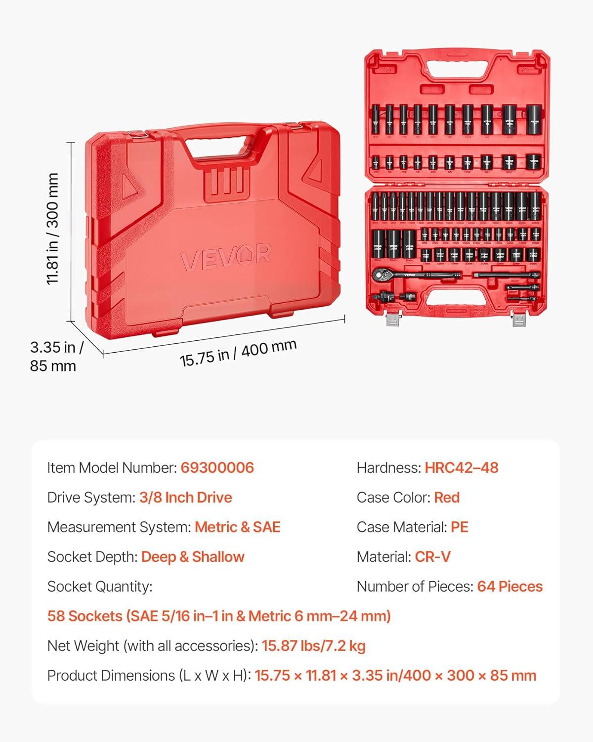 image:imageVEVOR Impact Socket Set 38 Drive 64Piece Standard SAE 516 to 1 inch amp Metric 6 to 24 mm Size Deep amp Shallow 6 Point CRV Ratchet Handle Extension Bars Universal Joint Adapters38 64 PCS