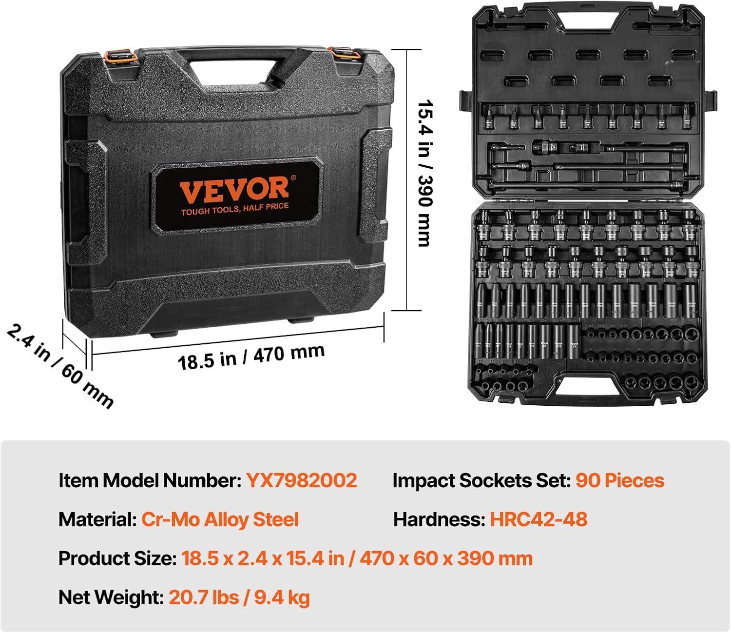 image:imageVEVOR Impact Socket Set 38 Drive 64Piece Standard SAE 516 to 1 inch amp Metric 6 to 24 mm Size Deep amp Shallow 6 Point CRV Ratchet Handle Extension Bars Universal Joint Adapters38 90PCS Swivel CRMO