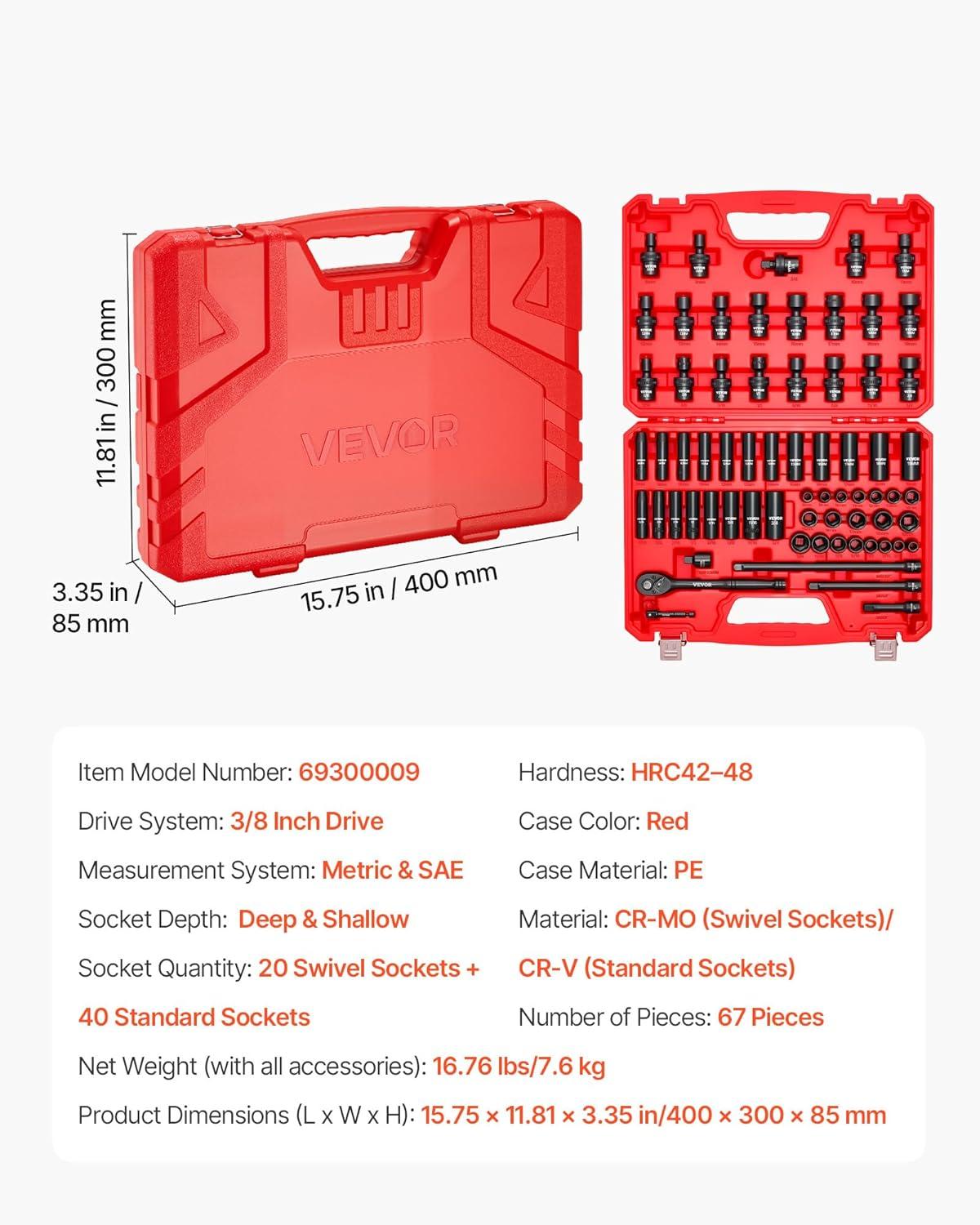 image:imageVEVOR Impact Socket Set 38 Drive 64Piece Standard SAE 516 to 1 inch amp Metric 6 to 24 mm Size Deep amp Shallow 6 Point CRV Ratchet Handle Extension Bars Universal Joint Adapters38 67 PCS Swivel CRMO