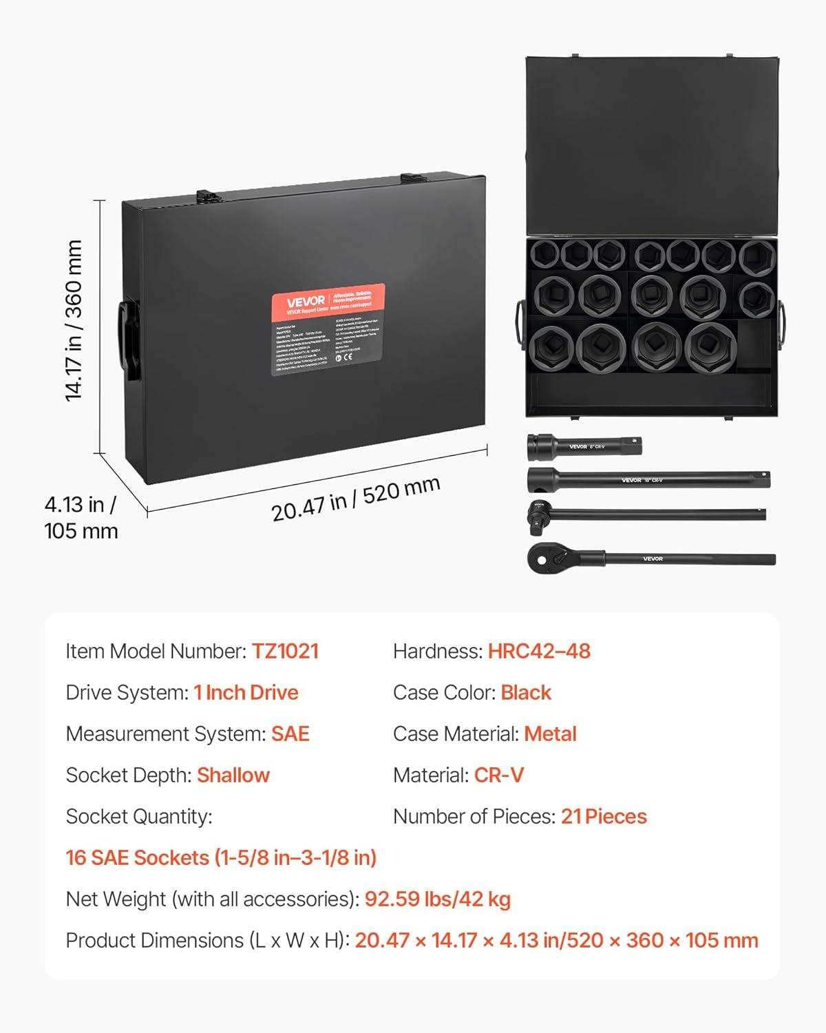 image:imageVEVOR Impact Socket Set 38 Drive 64Piece Standard SAE 516 to 1 inch amp Metric 6 to 24 mm Size Deep amp Shallow 6 Point CRV Ratchet Handle Extension Bars Universal Joint Adapters1 21 PCS