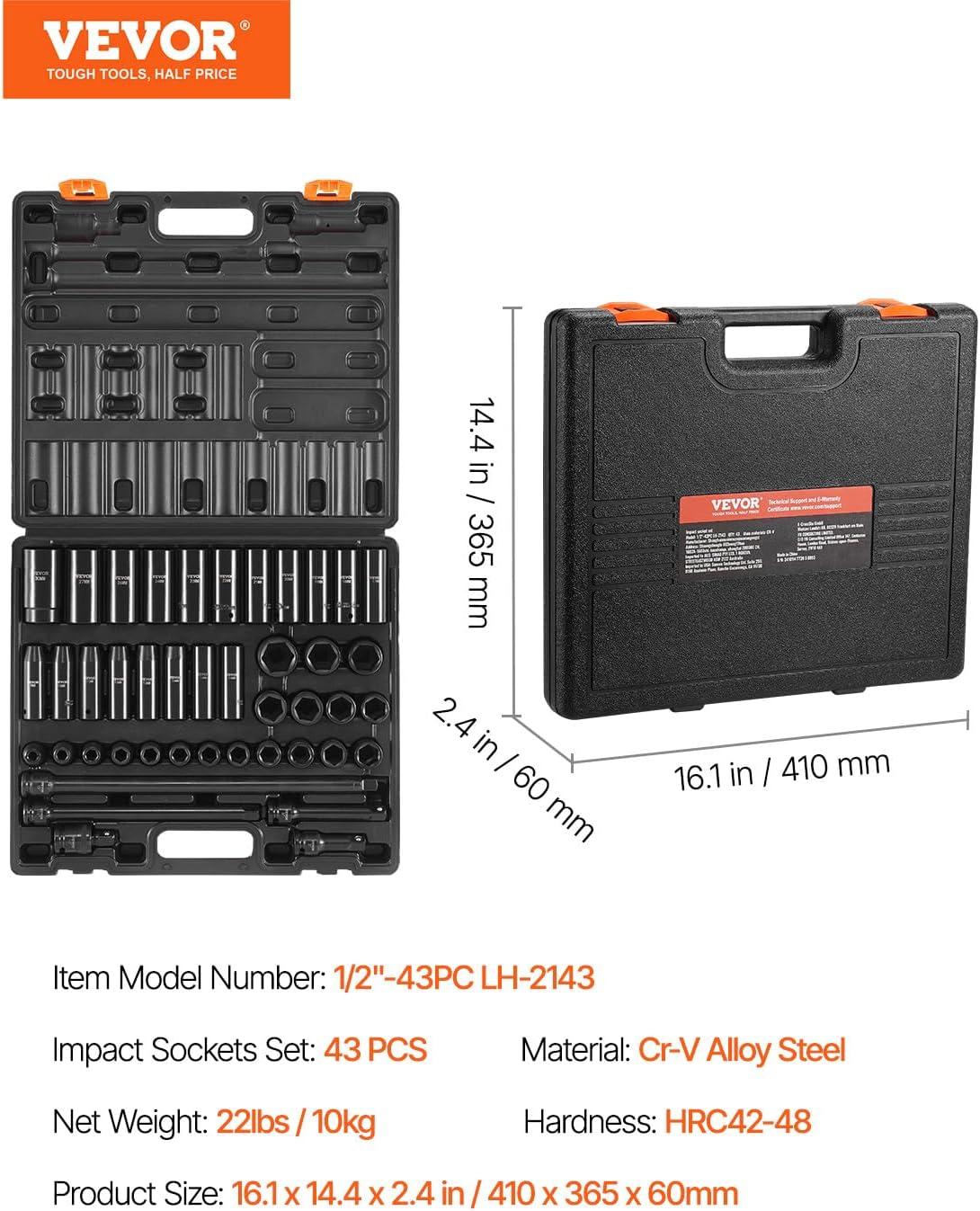 image:imageVEVOR Impact Socket Set 38 Drive 64Piece Standard SAE 516 to 1 inch amp Metric 6 to 24 mm Size Deep amp Shallow 6 Point CRV Ratchet Handle Extension Bars Universal Joint Adapters12 43PCS