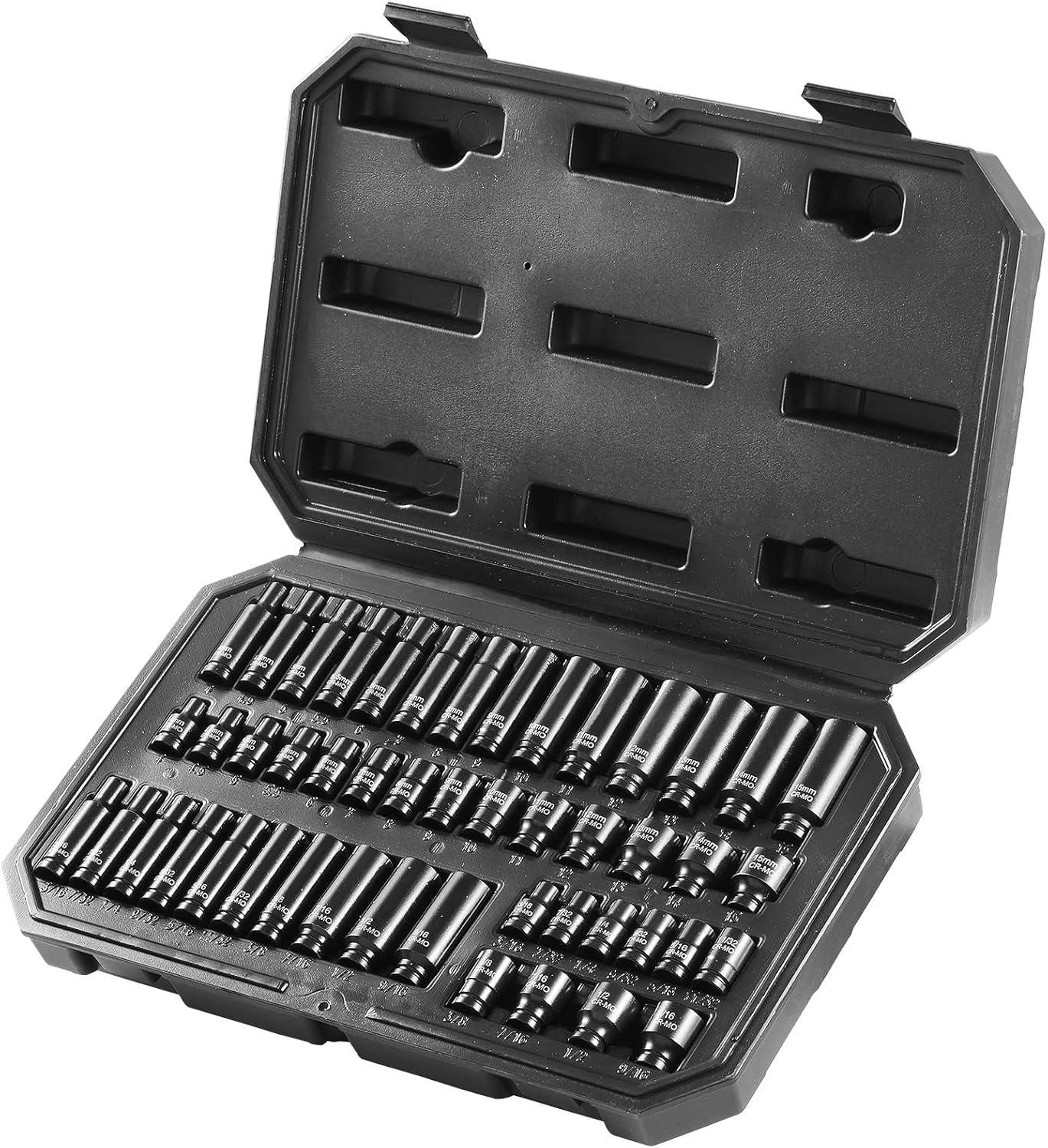 image:imageVEVOR Impact Socket Set 38 Drive 64Piece Standard SAE 516 to 1 inch amp Metric 6 to 24 mm Size Deep amp Shallow 6 Point CRV Ratchet Handle Extension Bars Universal Joint Adapters14 48PCS CRMO