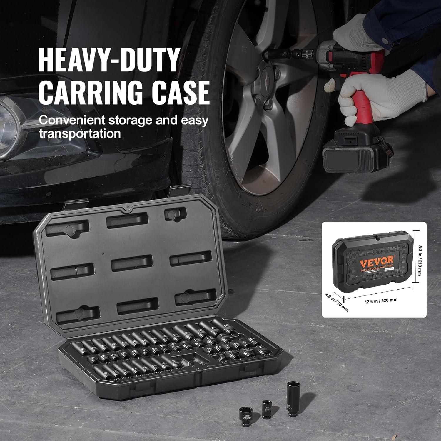 image:imageVEVOR Impact Socket Set 38 Drive 64Piece Standard SAE 516 to 1 inch amp Metric 6 to 24 mm Size Deep amp Shallow 6 Point CRV Ratchet Handle Extension Bars Universal Joint Adapters14 48PCS CRMO