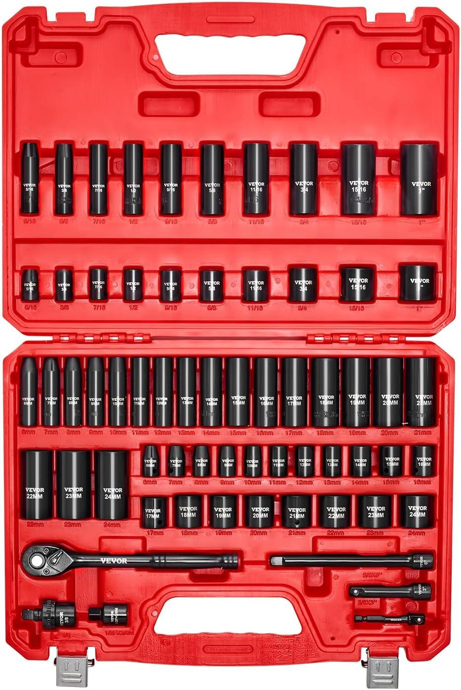 image:imageVEVOR Impact Socket Set 38 Drive 64Piece Standard SAE 516 to 1 inch amp Metric 6 to 24 mm Size Deep amp Shallow 6 Point CRV Ratchet Handle Extension Bars Universal Joint Adapters38 64 PCS
