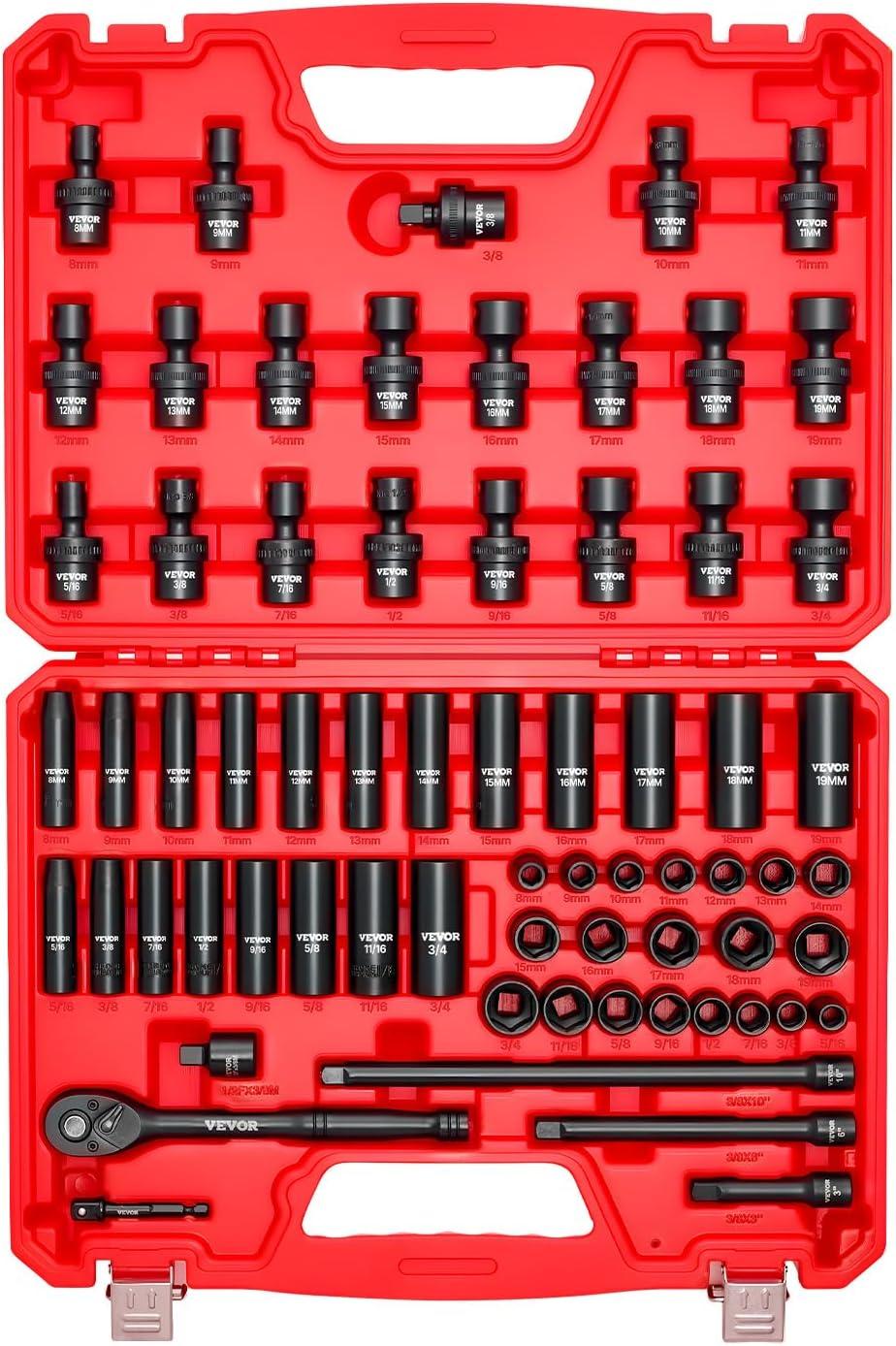 image:imageVEVOR Impact Socket Set 38 Drive 64Piece Standard SAE 516 to 1 inch amp Metric 6 to 24 mm Size Deep amp Shallow 6 Point CRV Ratchet Handle Extension Bars Universal Joint Adapters38 67 PCS Swivel CRMO