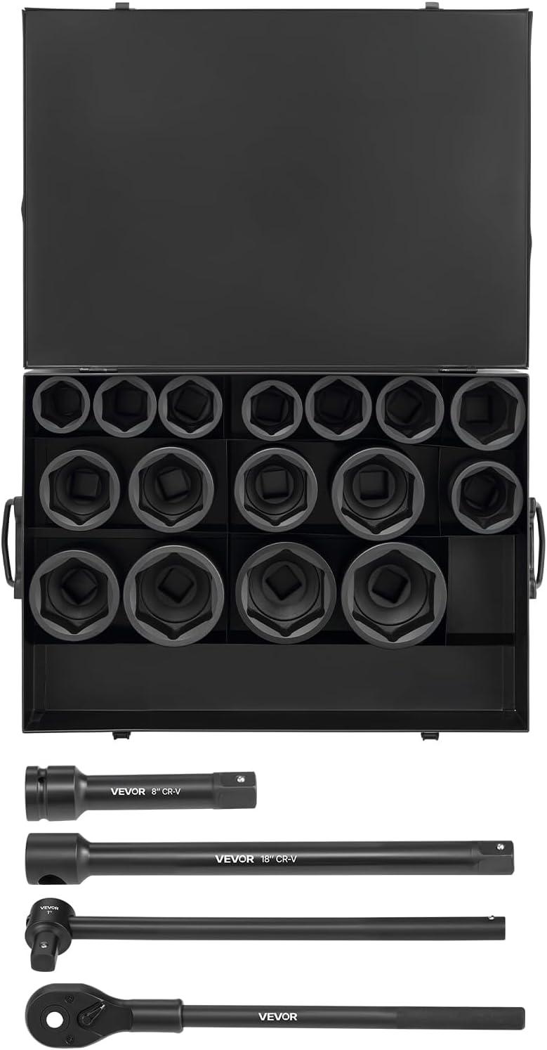 image:imageVEVOR Impact Socket Set 38 Drive 64Piece Standard SAE 516 to 1 inch amp Metric 6 to 24 mm Size Deep amp Shallow 6 Point CRV Ratchet Handle Extension Bars Universal Joint Adapters1 21 PCS