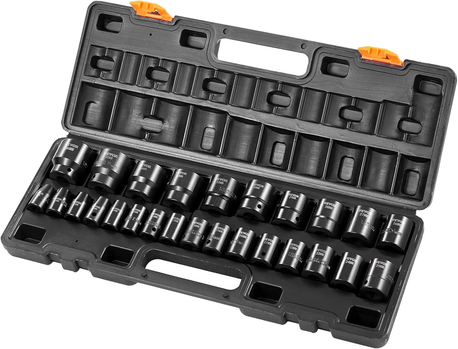 image:imageVEVOR Impact Socket Set 38 Drive 64Piece Standard SAE 516 to 1 inch amp Metric 6 to 24 mm Size Deep amp Shallow 6 Point CRV Ratchet Handle Extension Bars Universal Joint Adapters12 26PCS