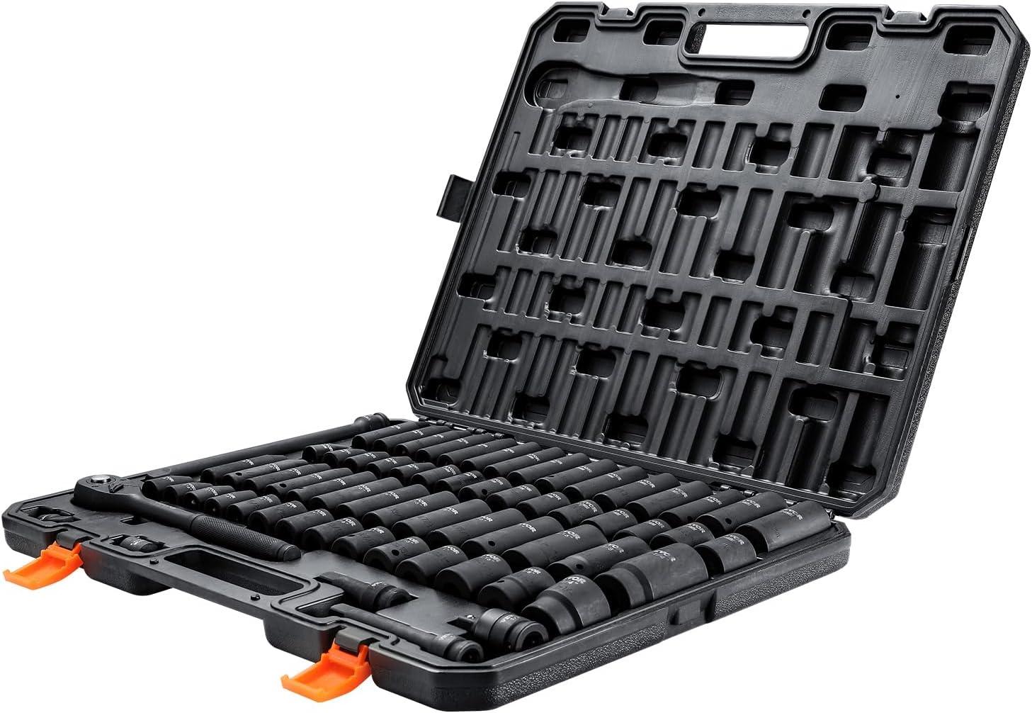 image:imageVEVOR Impact Socket Set 38 Drive 64Piece Standard SAE 516 to 1 inch amp Metric 6 to 24 mm Size Deep amp Shallow 6 Point CRV Ratchet Handle Extension Bars Universal Joint Adapters12 65PCS