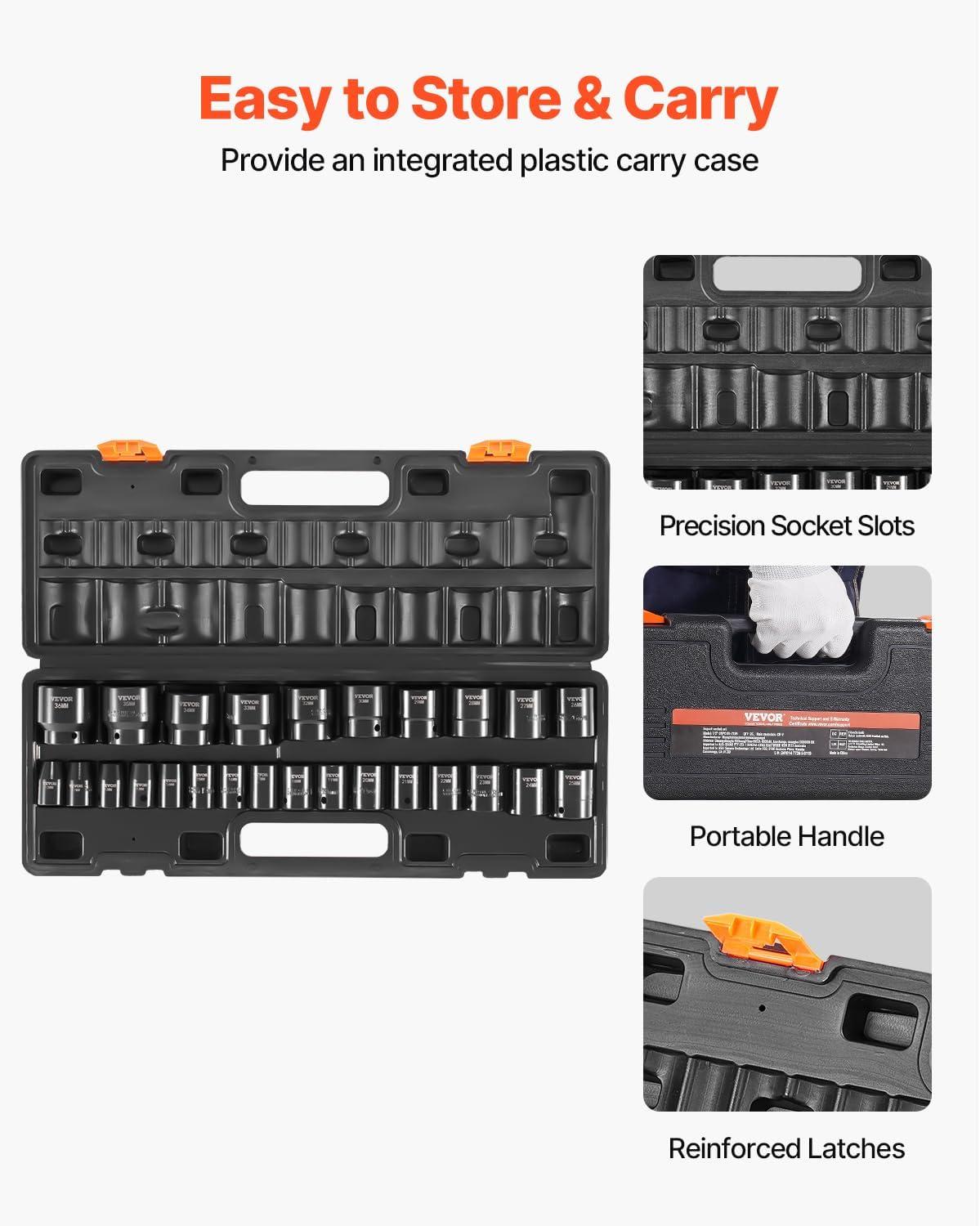 image:imageVEVOR Impact Socket Set 38 Drive 64Piece Standard SAE 516 to 1 inch amp Metric 6 to 24 mm Size Deep amp Shallow 6 Point CRV Ratchet Handle Extension Bars Universal Joint Adapters12 26PCS