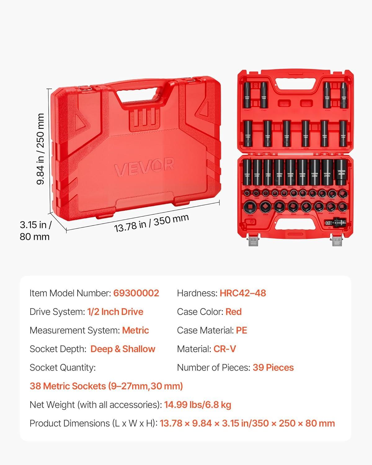 image:imageVEVOR Impact Socket Set 38 Drive 64Piece Standard SAE 516 to 1 inch amp Metric 6 to 24 mm Size Deep amp Shallow 6 Point CRV Ratchet Handle Extension Bars Universal Joint Adapters12 39 PCS