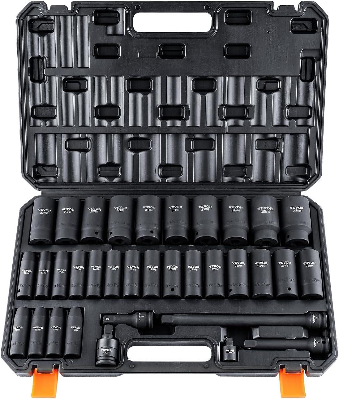 image:imageVEVOR Impact Socket Set 38 Drive 64Piece Standard SAE 516 to 1 inch amp Metric 6 to 24 mm Size Deep amp Shallow 6 Point CRV Ratchet Handle Extension Bars Universal Joint Adapters12 34PCS CRMO