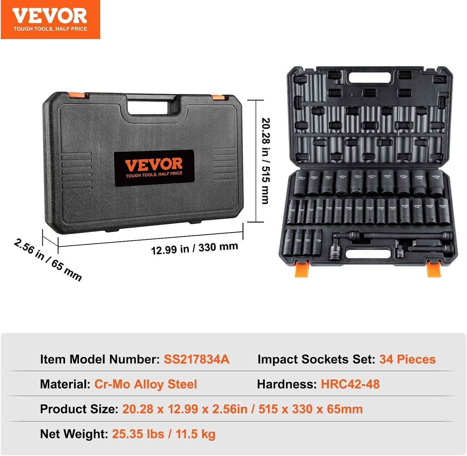 image:imageVEVOR Impact Socket Set 38 Drive 64Piece Standard SAE 516 to 1 inch amp Metric 6 to 24 mm Size Deep amp Shallow 6 Point CRV Ratchet Handle Extension Bars Universal Joint Adapters12 34PCS CRMO