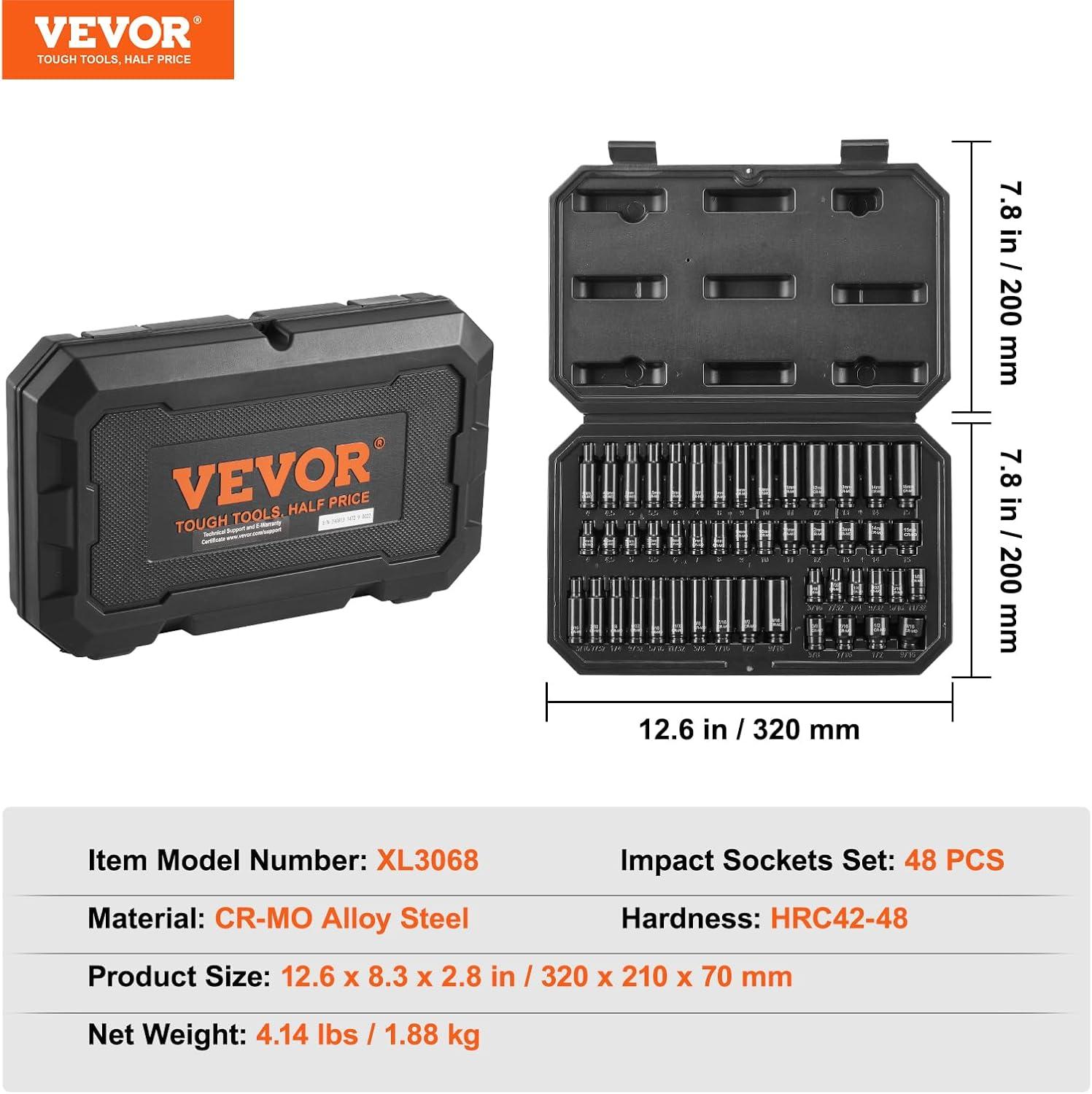 image:imageVEVOR Impact Socket Set 38 Drive 64Piece Standard SAE 516 to 1 inch amp Metric 6 to 24 mm Size Deep amp Shallow 6 Point CRV Ratchet Handle Extension Bars Universal Joint Adapters14 48PCS CRMO