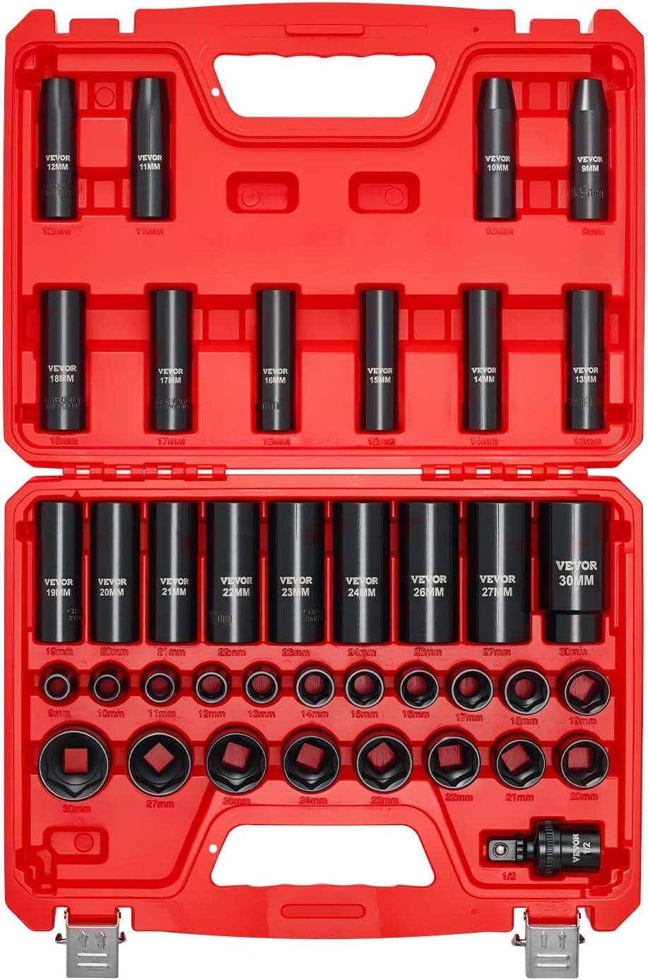 image:imageVEVOR Impact Socket Set 38 Drive 64Piece Standard SAE 516 to 1 inch amp Metric 6 to 24 mm Size Deep amp Shallow 6 Point CRV Ratchet Handle Extension Bars Universal Joint Adapters12 39 PCS